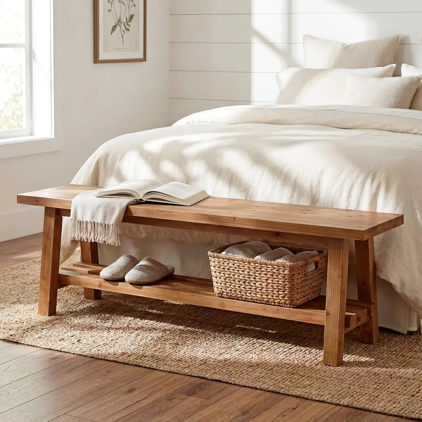 55" Solid Wood Entryway Bench, 2-Tier Shoe Bench with Shelf for Hallway