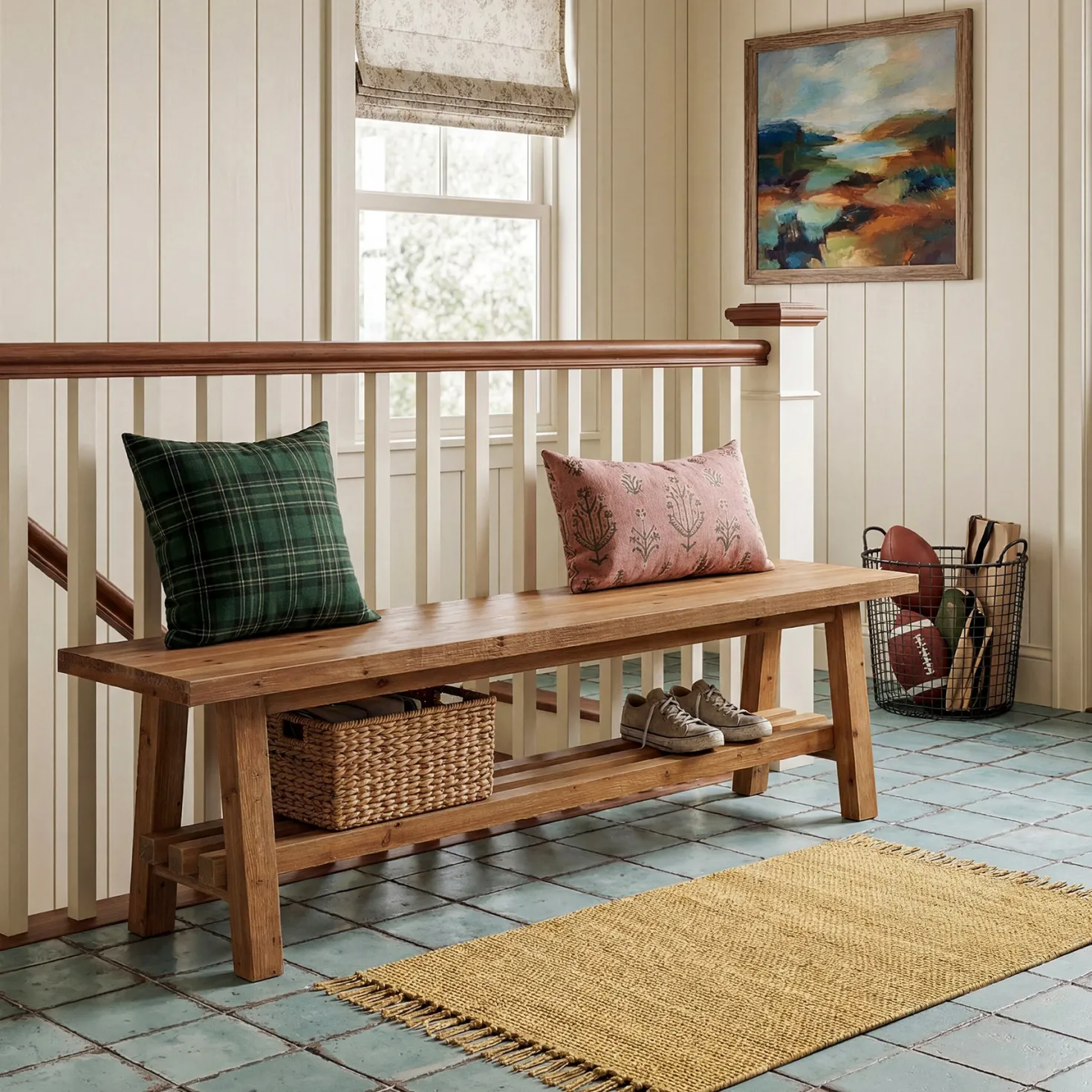 55" Solid Wood Entryway Bench, 2-Tier Shoe Bench with Shelf for Hallway
