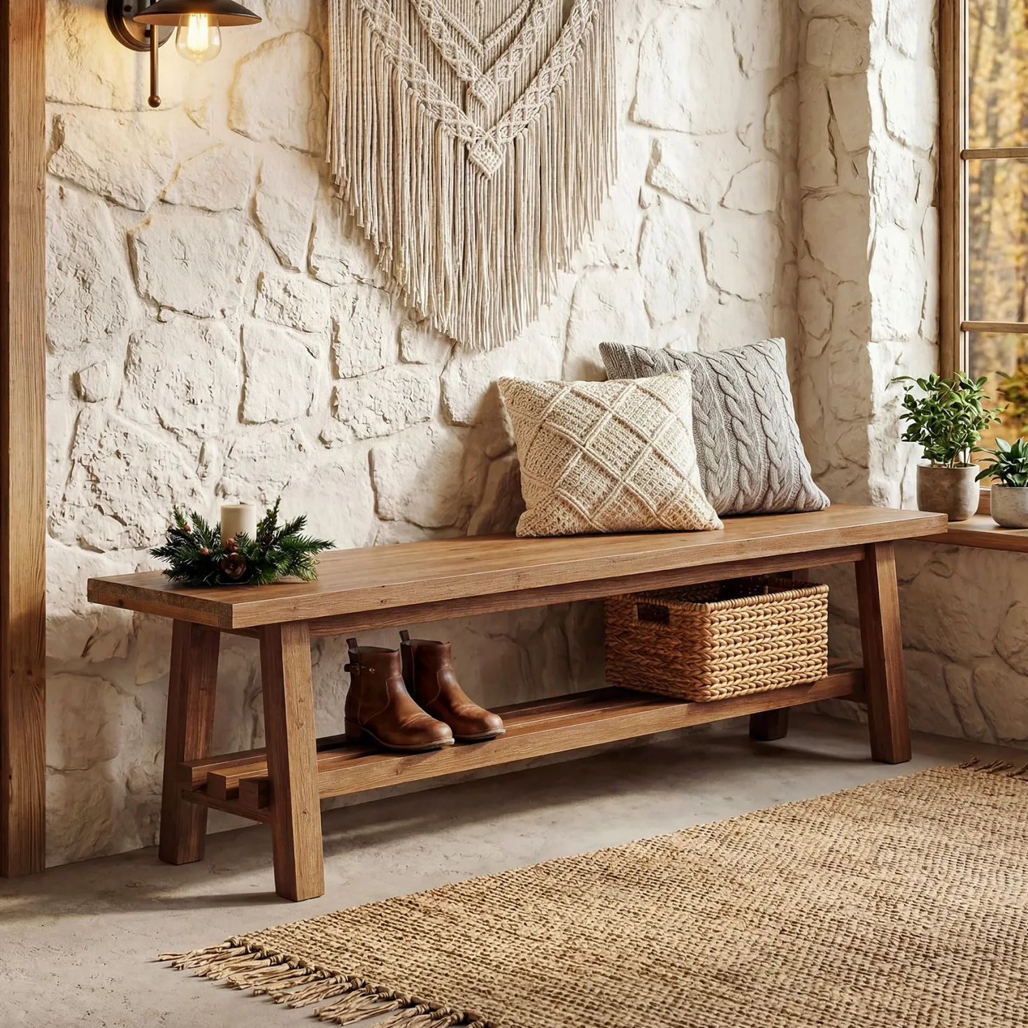 55" Solid Wood Entryway Bench, 2-Tier Shoe Bench with Shelf for Hallway