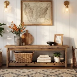 63" Solid Wood Entryway Bench with Storage Shoe Organizer for Hallway