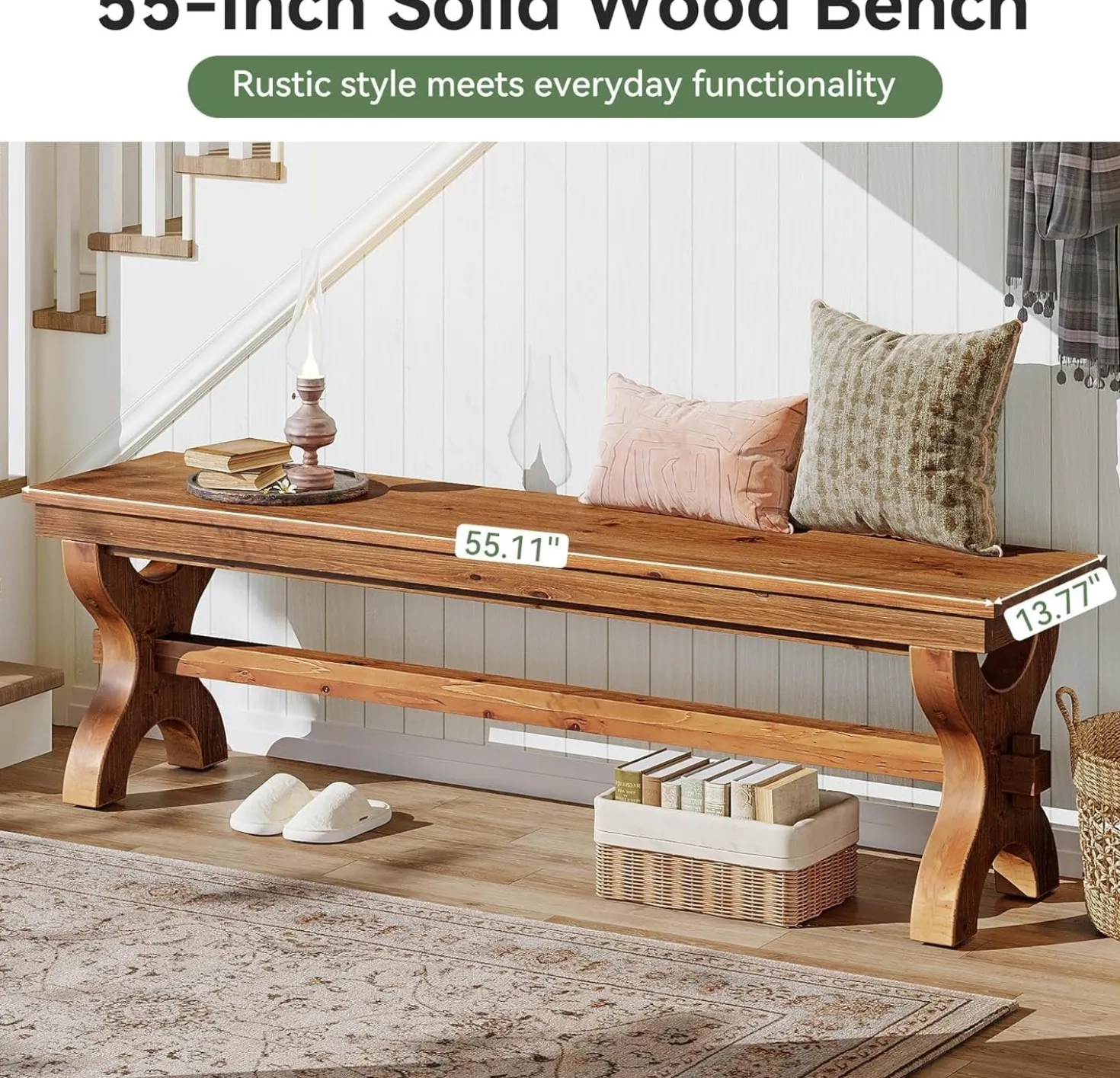 55" Solid Wood Entryway Bench, Farmhouse Indoor Bench Narrow Hallway Seat