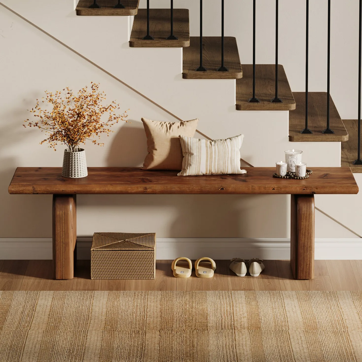 62.99" Solid Wood Entryway Bench, Farmhouse Indoor End of Bed Bench