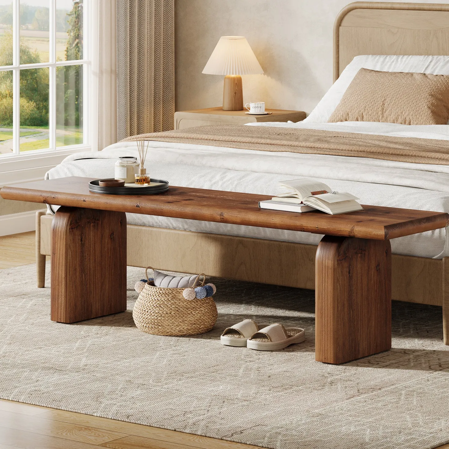 62.99" Solid Wood Entryway Bench, Farmhouse Indoor End of Bed Bench