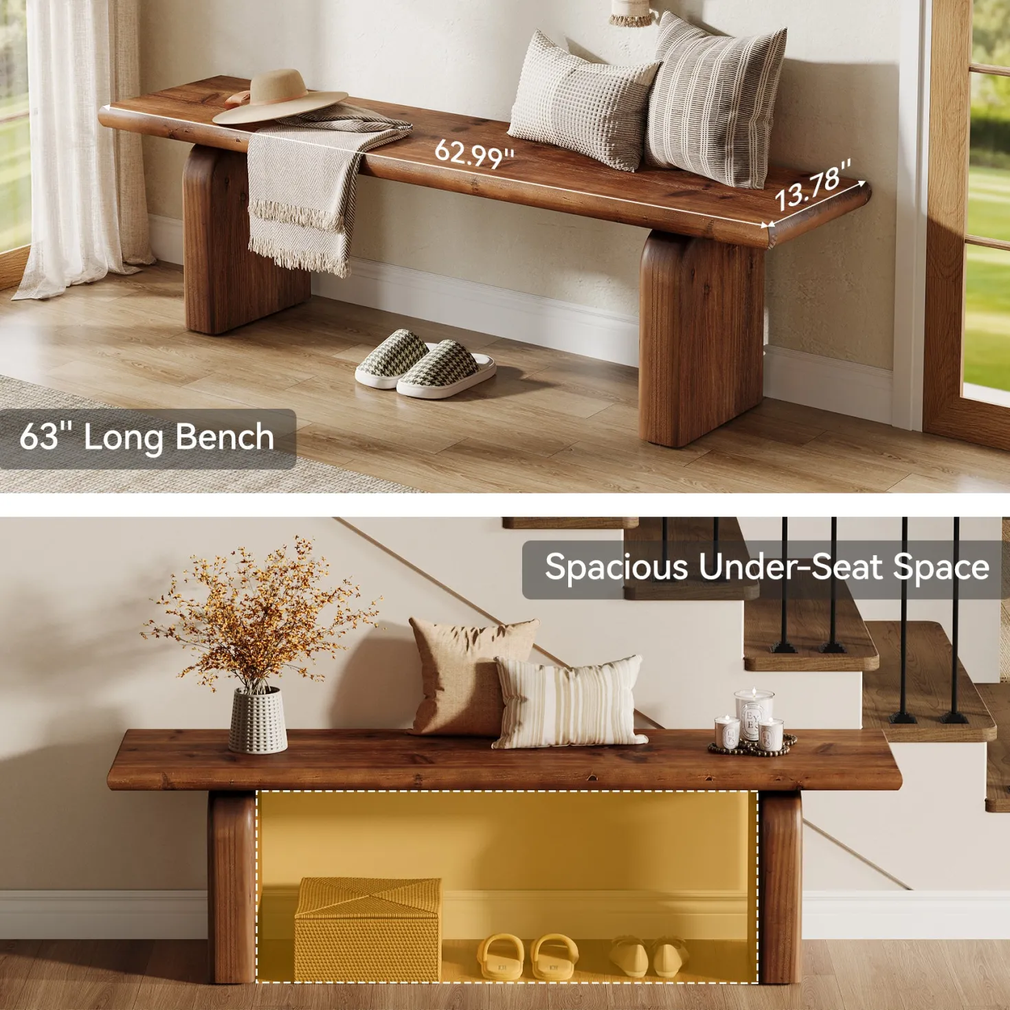 62.99" Solid Wood Entryway Bench, Farmhouse Indoor End of Bed Bench