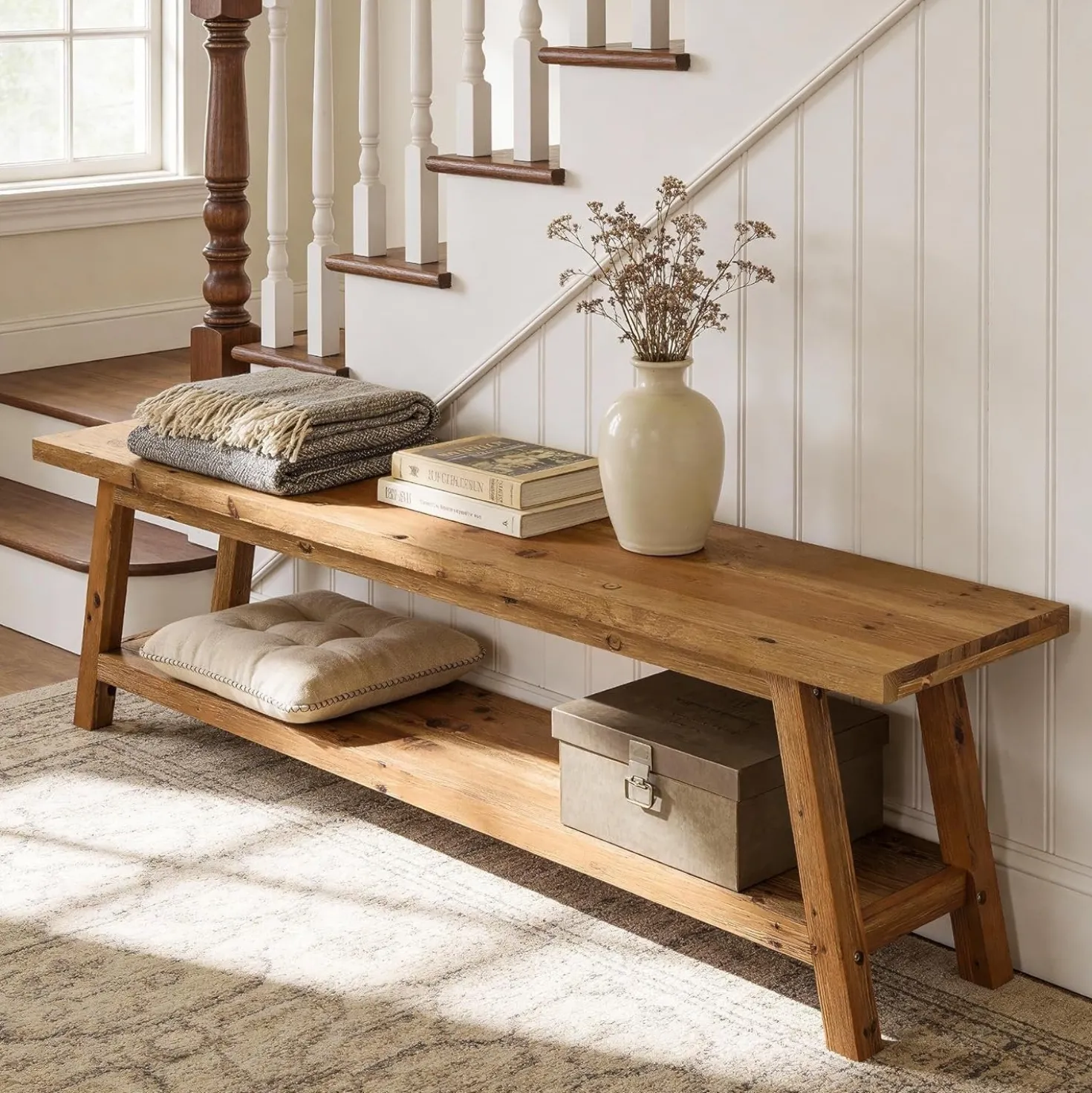 63" Solid Wood Entryway Bench, Hallway Shoe Bench with Storage Shelf