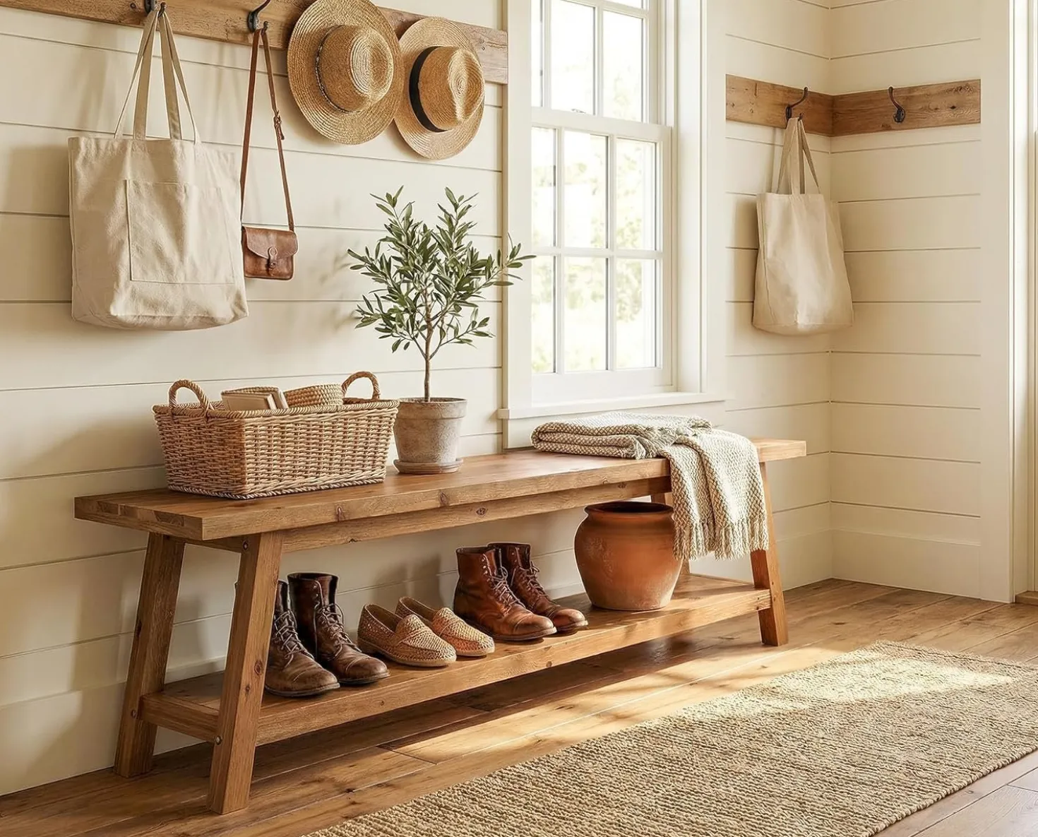 63" Solid Wood Entryway Bench, Hallway Shoe Bench with Storage Shelf