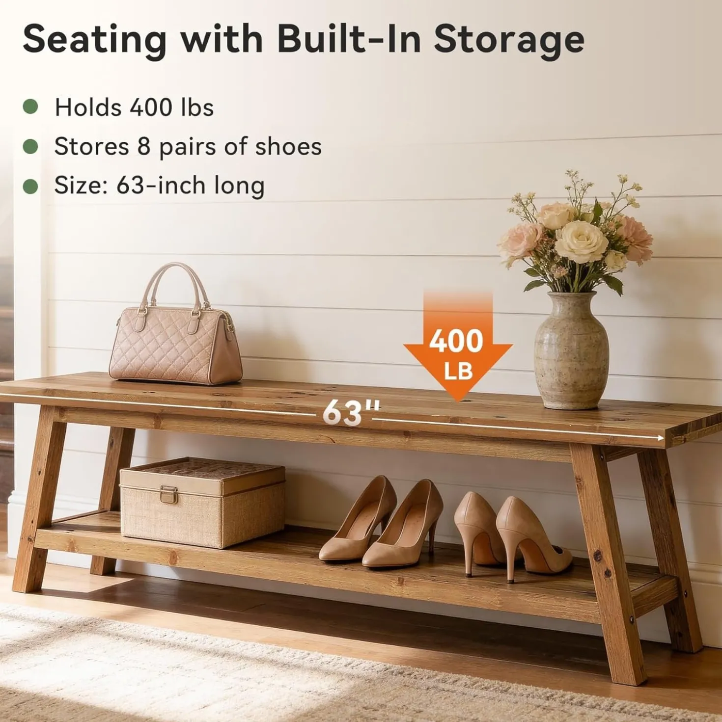 63" Solid Wood Entryway Bench, Hallway Shoe Bench with Storage Shelf
