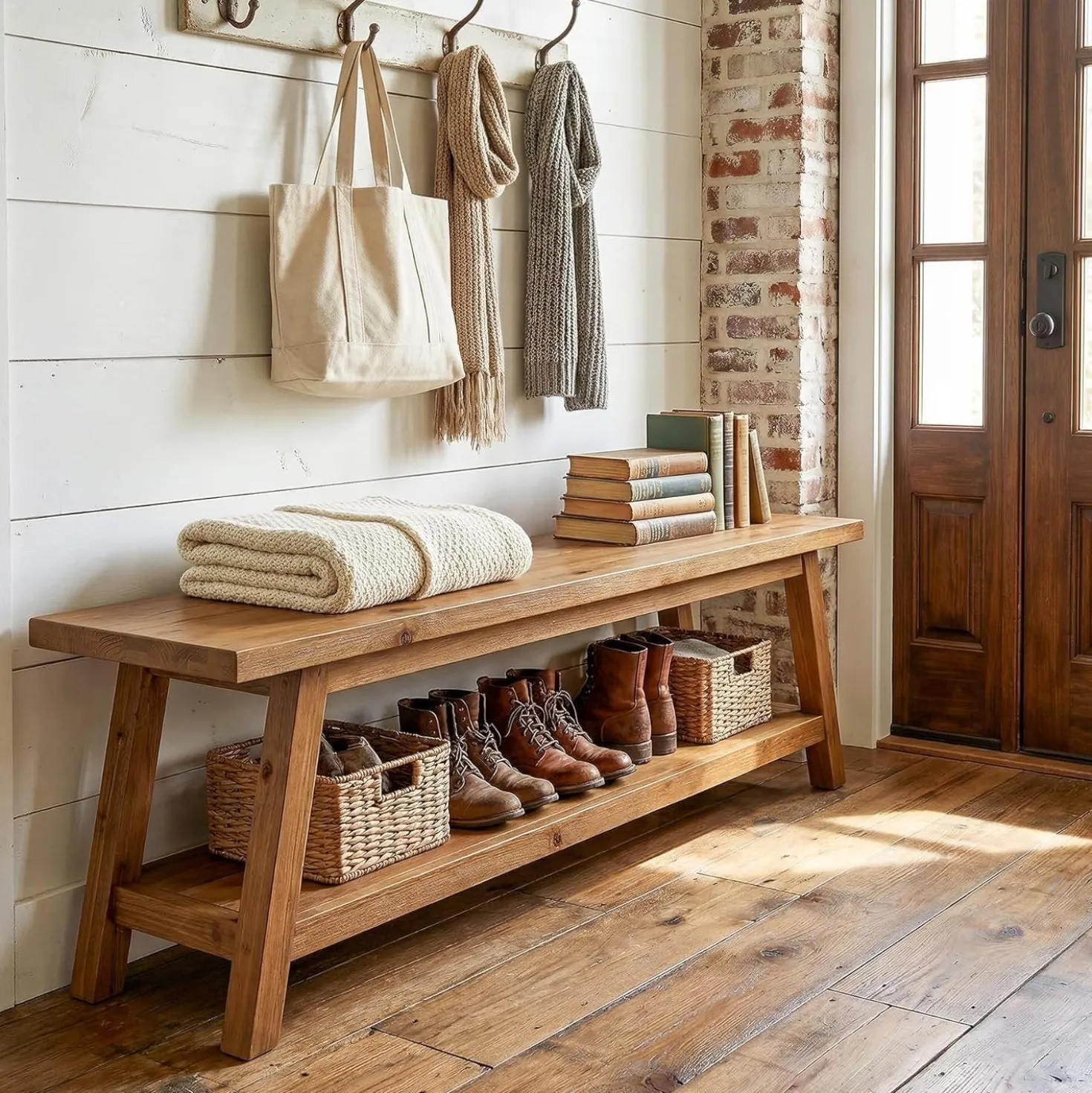 63" Solid Wood Entryway Bench, Hallway Shoe Bench with Storage Shelf