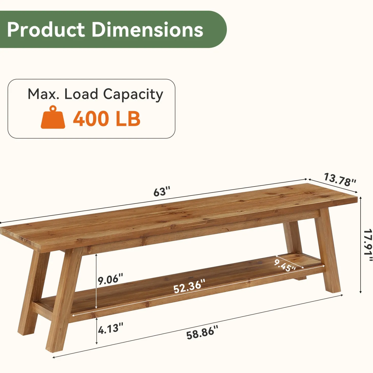 63" Solid Wood Entryway Bench, Hallway Shoe Bench with Storage Shelf