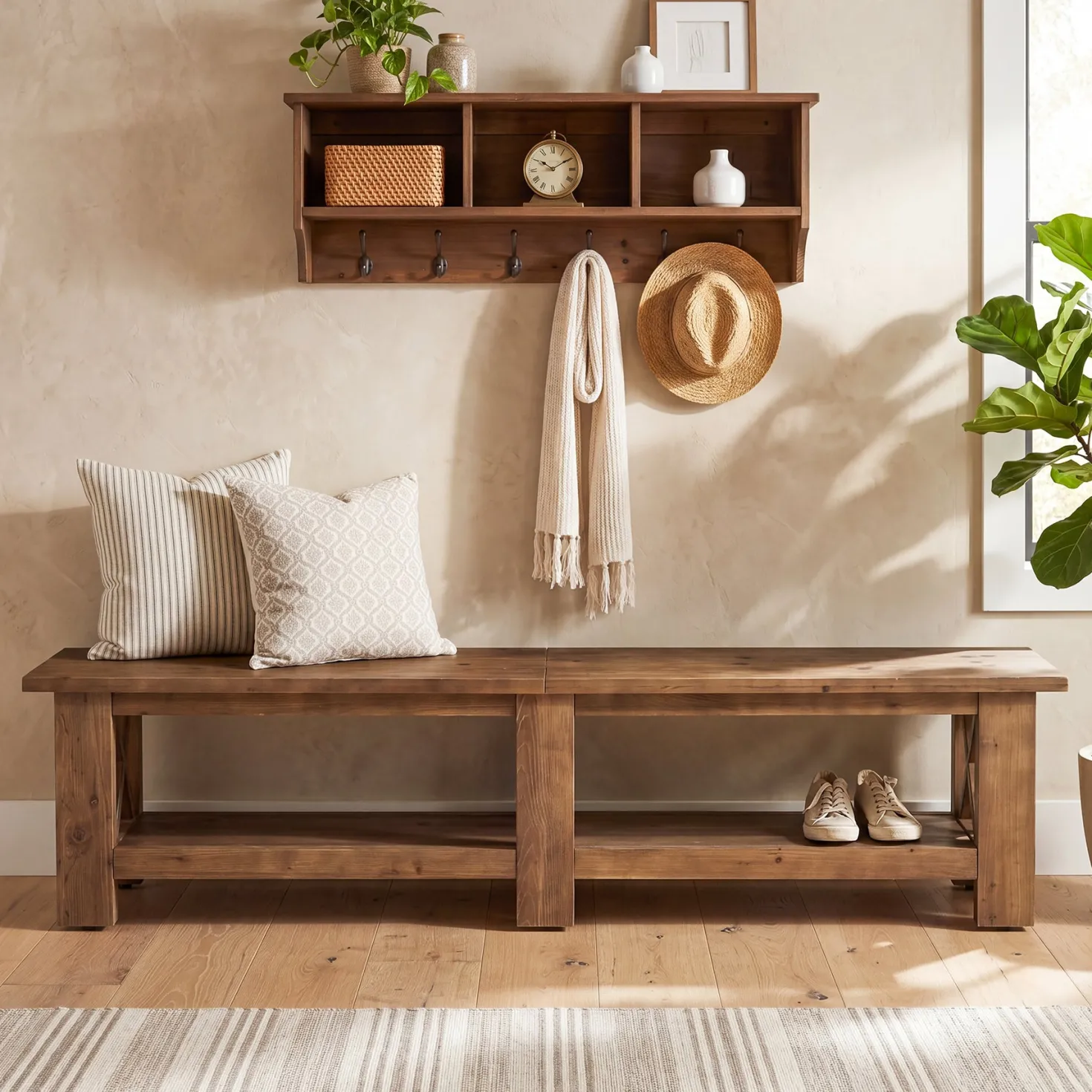 70.87" Solid Wood Entryway Shoe Bench, Farmhouse End of Bed Bench with Storage