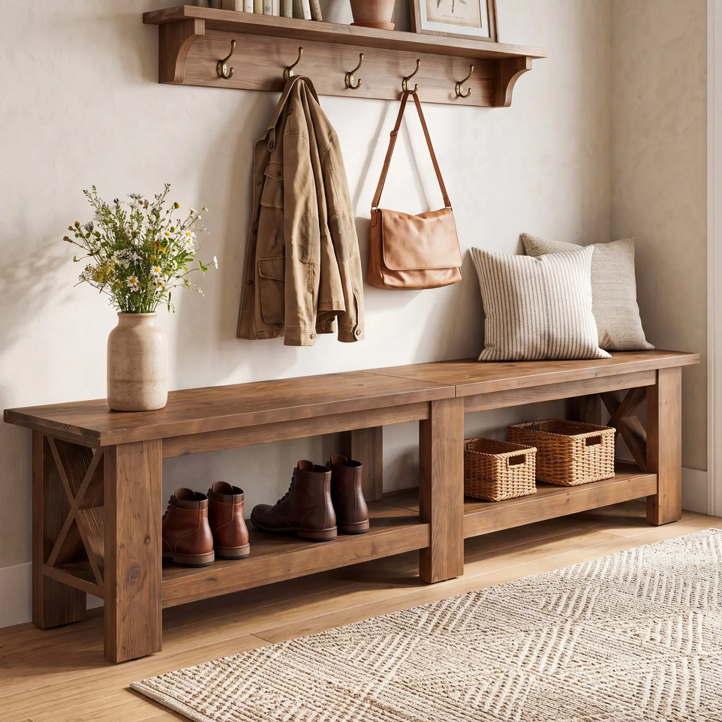 70.87" Solid Wood Entryway Shoe Bench, Farmhouse End of Bed Bench with Storage