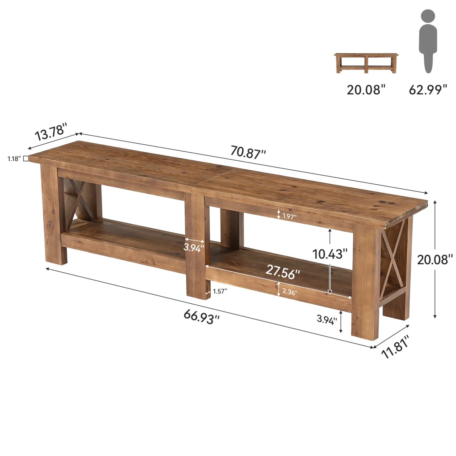 70.87" Solid Wood Entryway Shoe Bench, Farmhouse End of Bed Bench with Storage