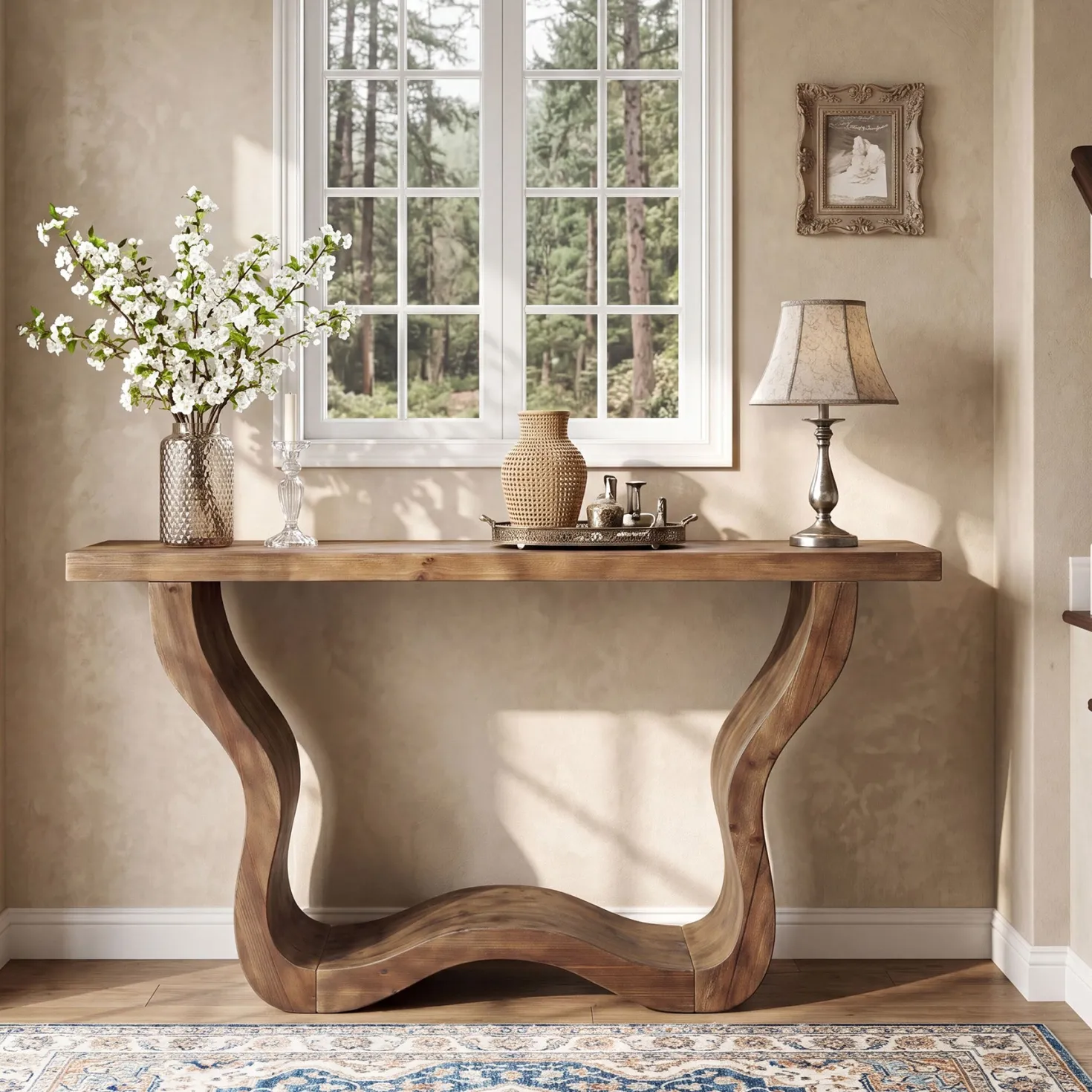 55" Solid Wood Farmhouse Console Table, Artistic Entryway Sofa Table for Hallway & Living Room