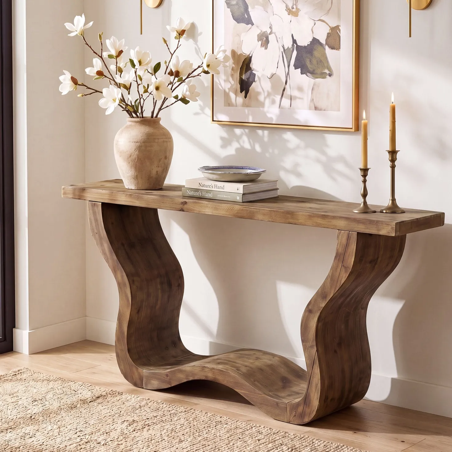 55" Solid Wood Farmhouse Console Table, Artistic Entryway Sofa Table for Hallway & Living Room
