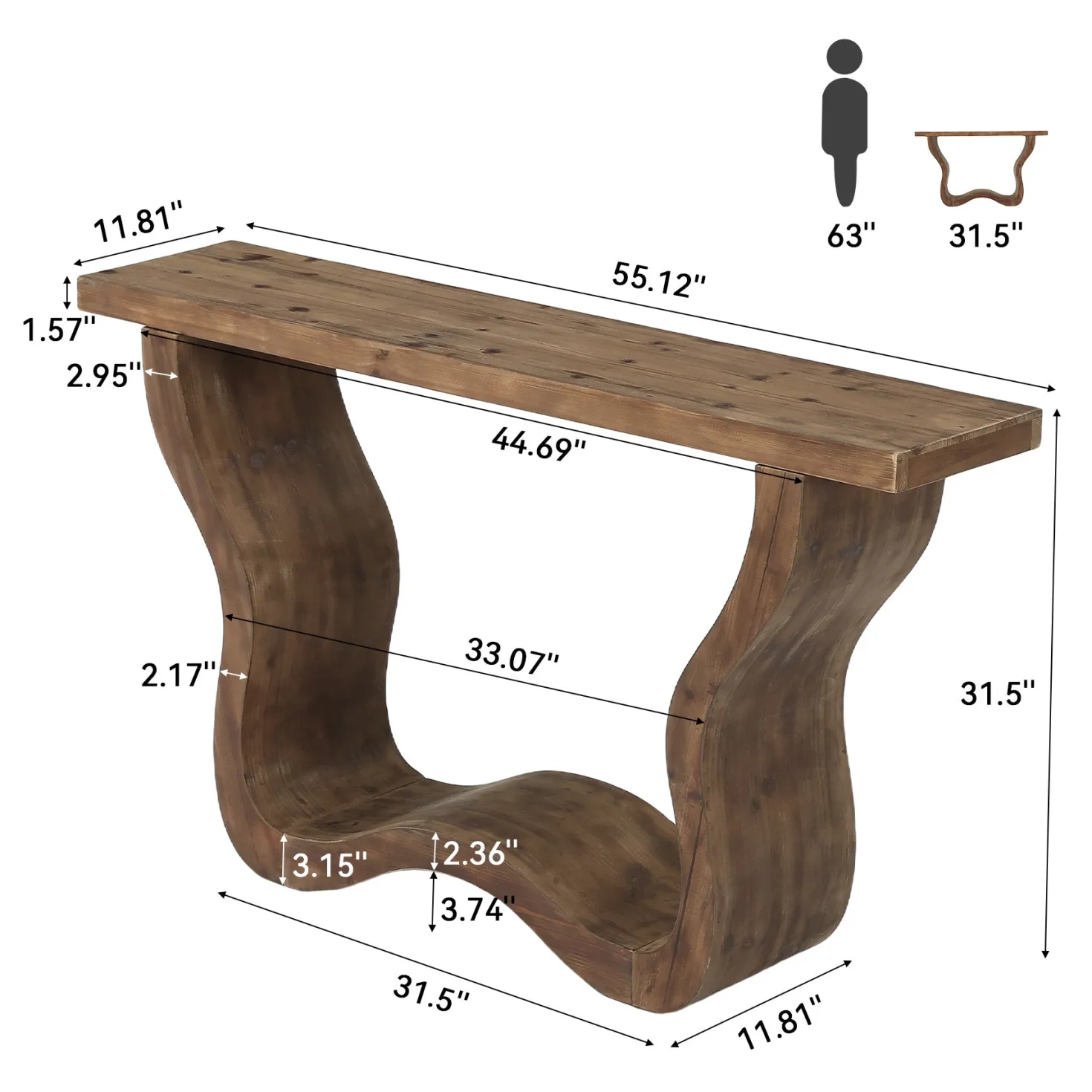 55" Solid Wood Farmhouse Console Table, Artistic Entryway Sofa Table for Hallway & Living Room