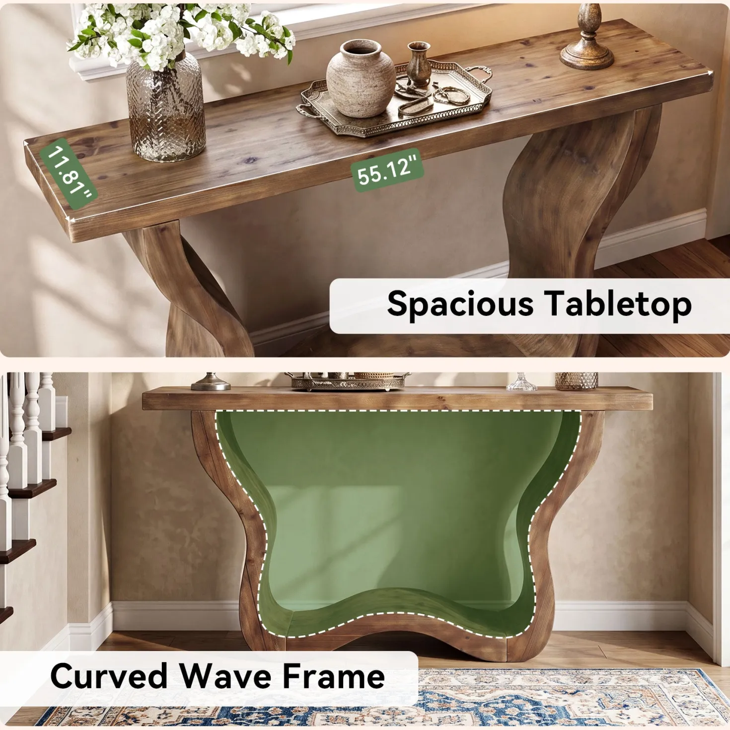 55" Solid Wood Farmhouse Console Table, Artistic Entryway Sofa Table for Hallway & Living Room