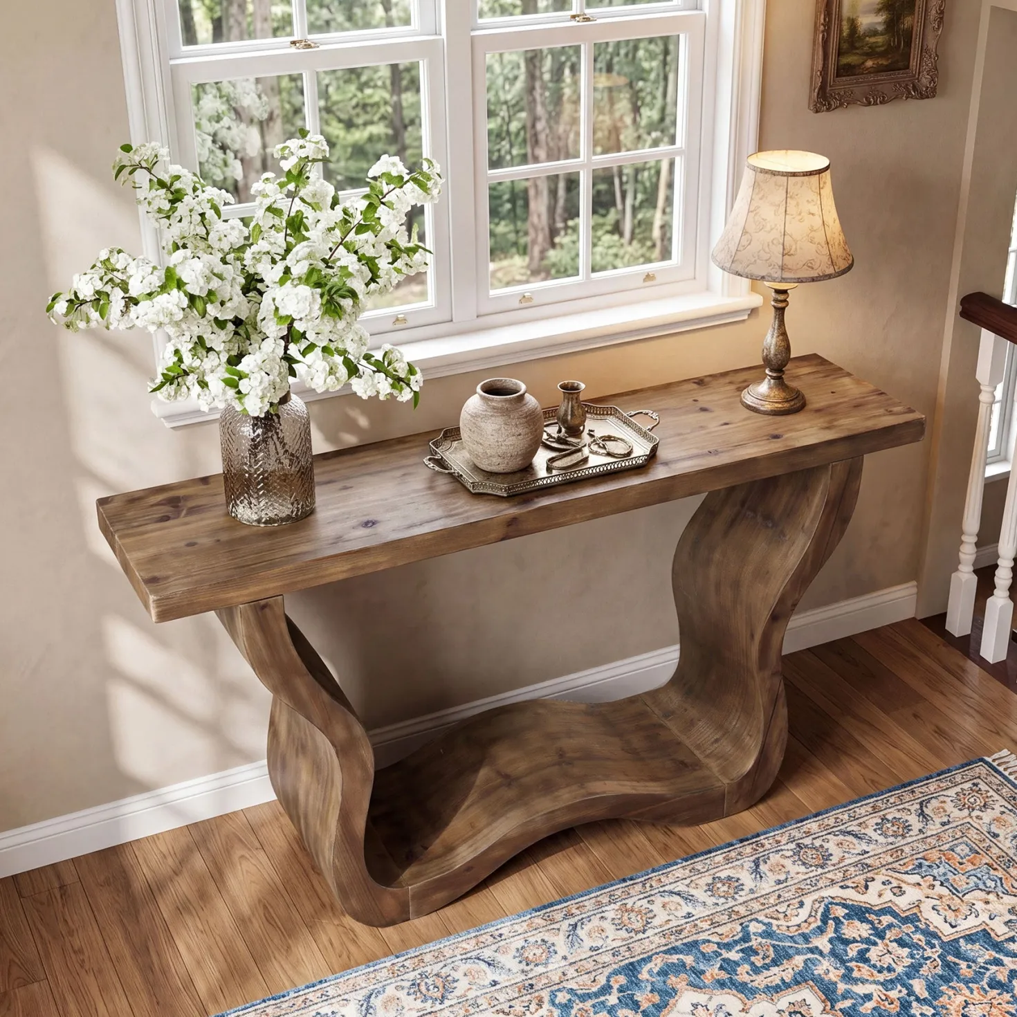 55" Solid Wood Farmhouse Console Table, Artistic Entryway Sofa Table for Hallway & Living Room