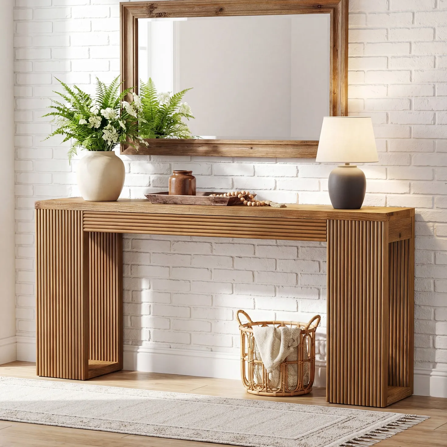 63" Solid Wood Farmhouse Console Table, Narrow Entryway Sofa Table with Fluted Legs