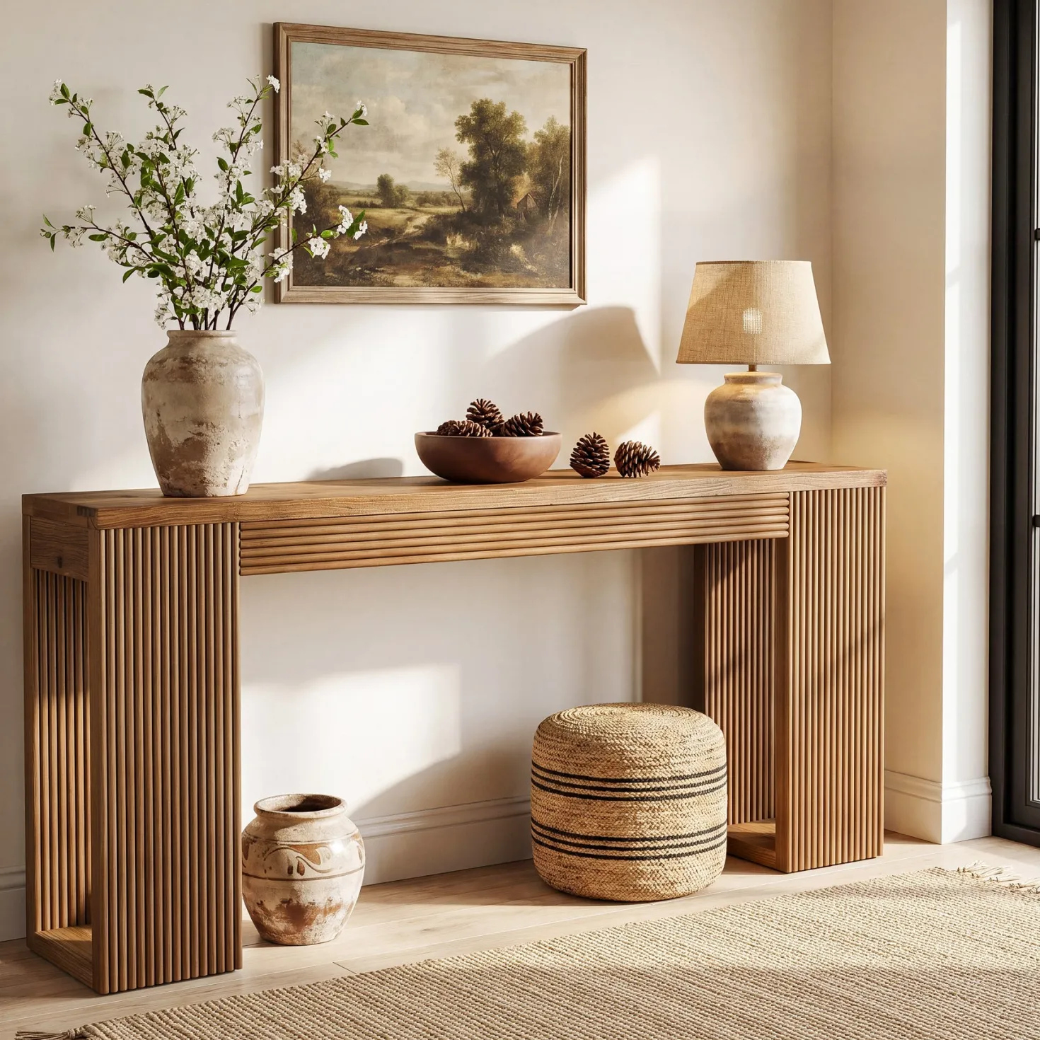 63" Solid Wood Farmhouse Console Table, Narrow Entryway Sofa Table with Fluted Legs