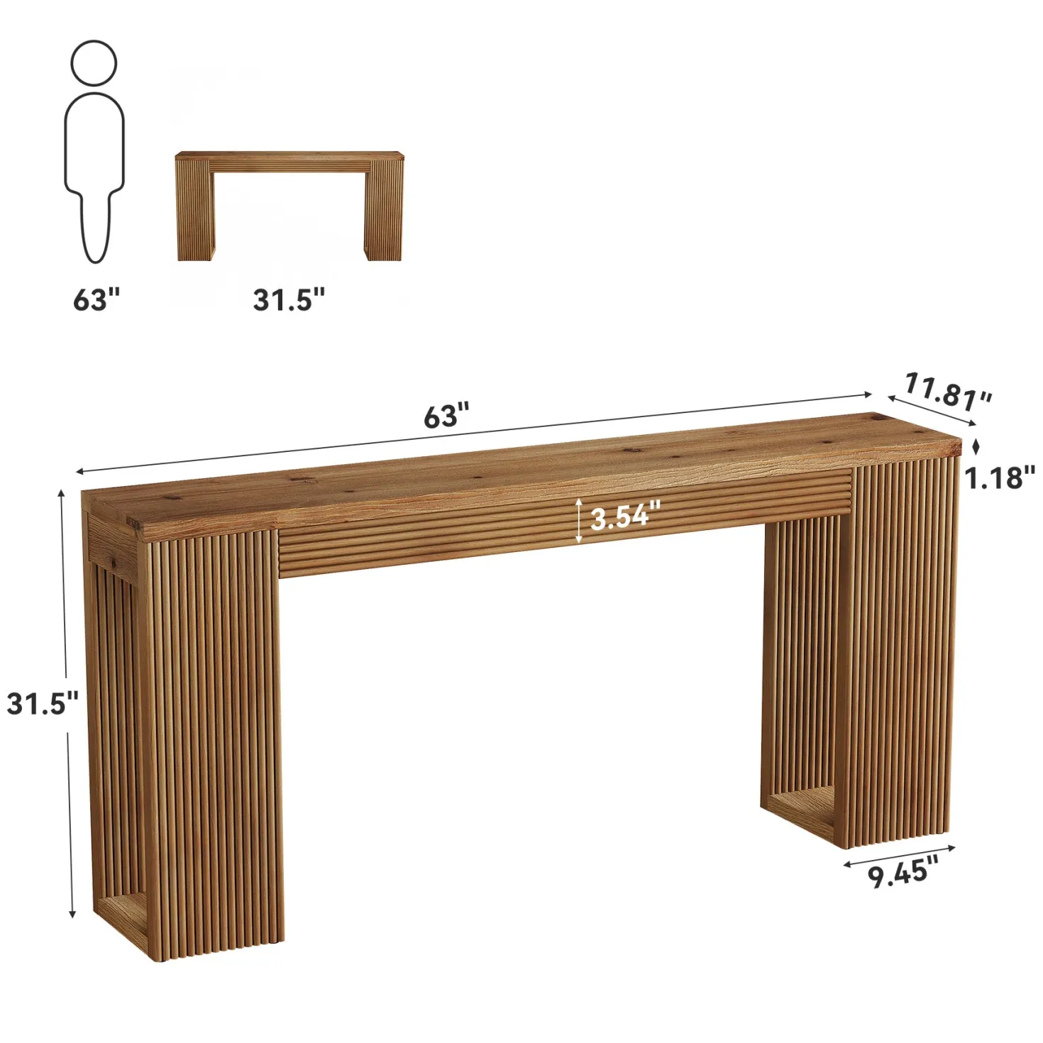63" Solid Wood Farmhouse Console Table, Narrow Entryway Sofa Table with Fluted Legs