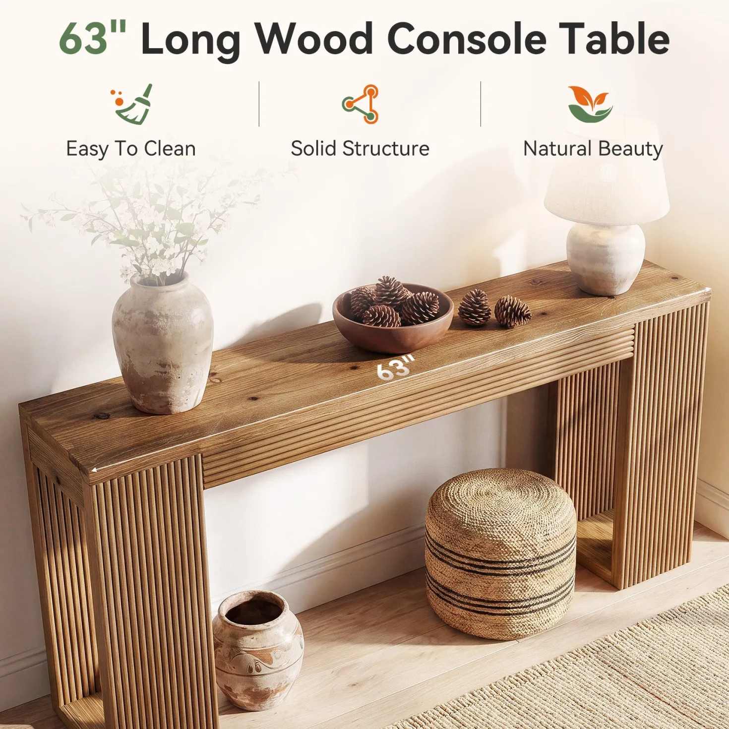 63" Solid Wood Farmhouse Console Table, Narrow Entryway Sofa Table with Fluted Legs
