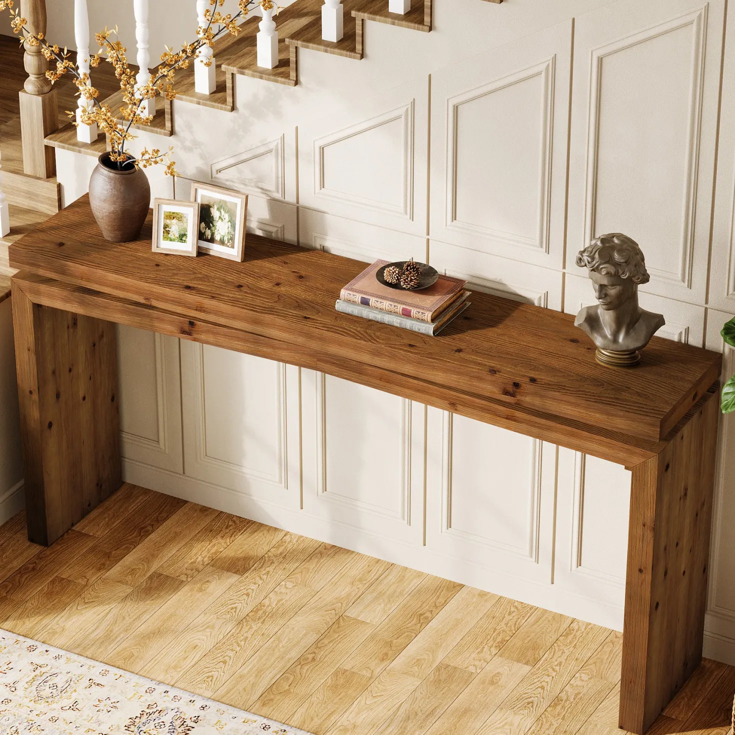 63" Solid Wood Farmhouse Console Table with 2-Tier Shelf, Long Sofa Table for Entryway, Living Room, or Behind Couch