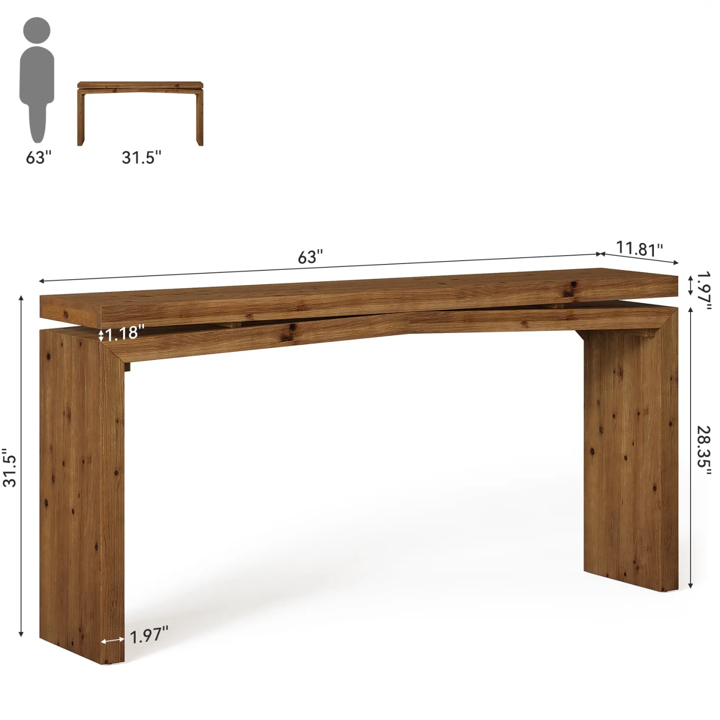 63" Solid Wood Farmhouse Console Table with 2-Tier Shelf, Long Sofa Table for Entryway, Living Room, or Behind Couch