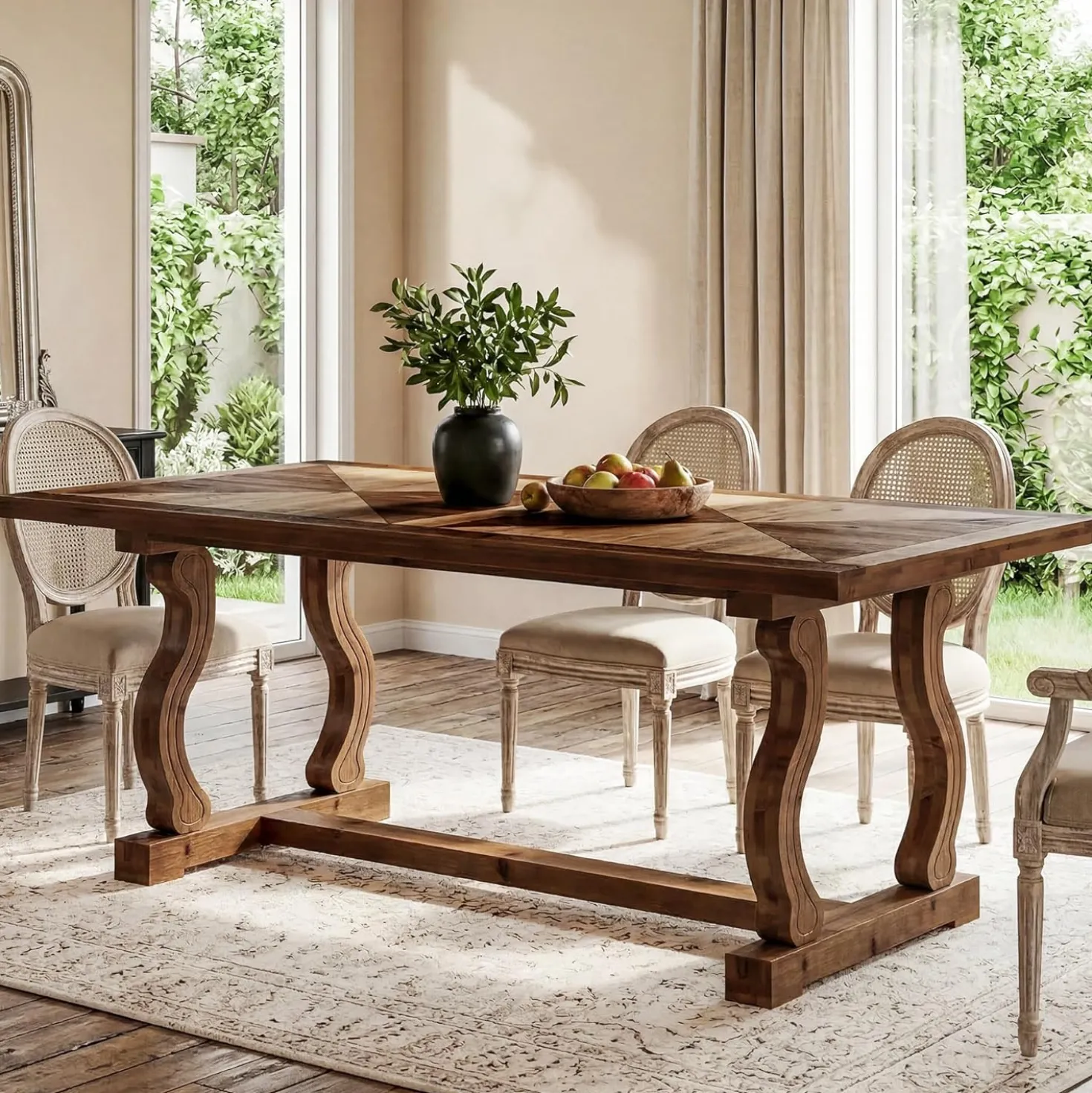 63" Solid Wood Farmhouse Dining Table for 4–6, Rectangular Kitchen Table with Parquetry Top & Scroll Legs