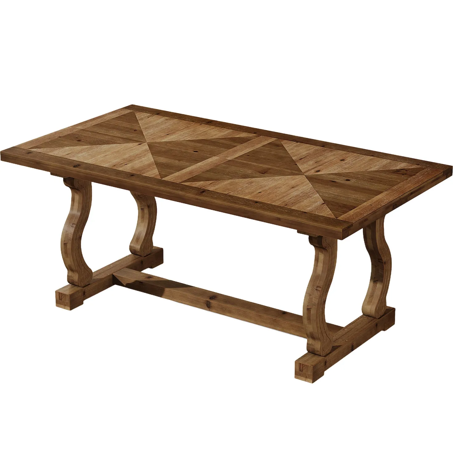 63" Solid Wood Farmhouse Dining Table for 4–6, Rectangular Kitchen Table with Parquetry Top & Scroll Legs