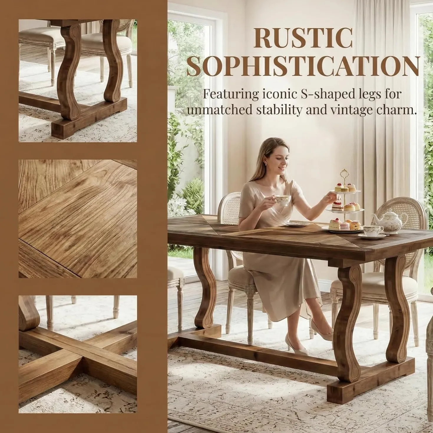 63" Solid Wood Farmhouse Dining Table for 4–6, Rectangular Kitchen Table with Parquetry Top & Scroll Legs