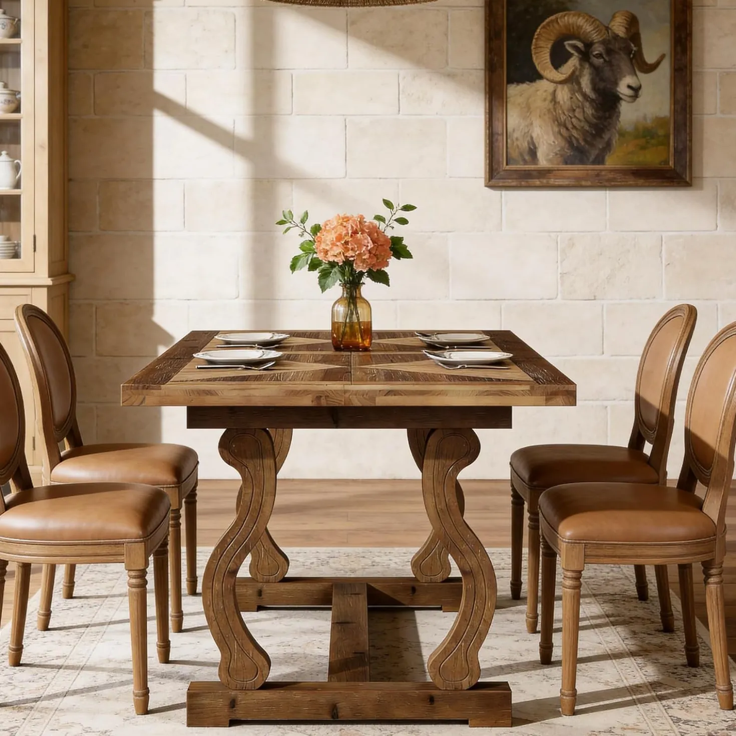 63" Solid Wood Farmhouse Dining Table for 4–6, Rectangular Kitchen Table with Parquetry Top & Scroll Legs