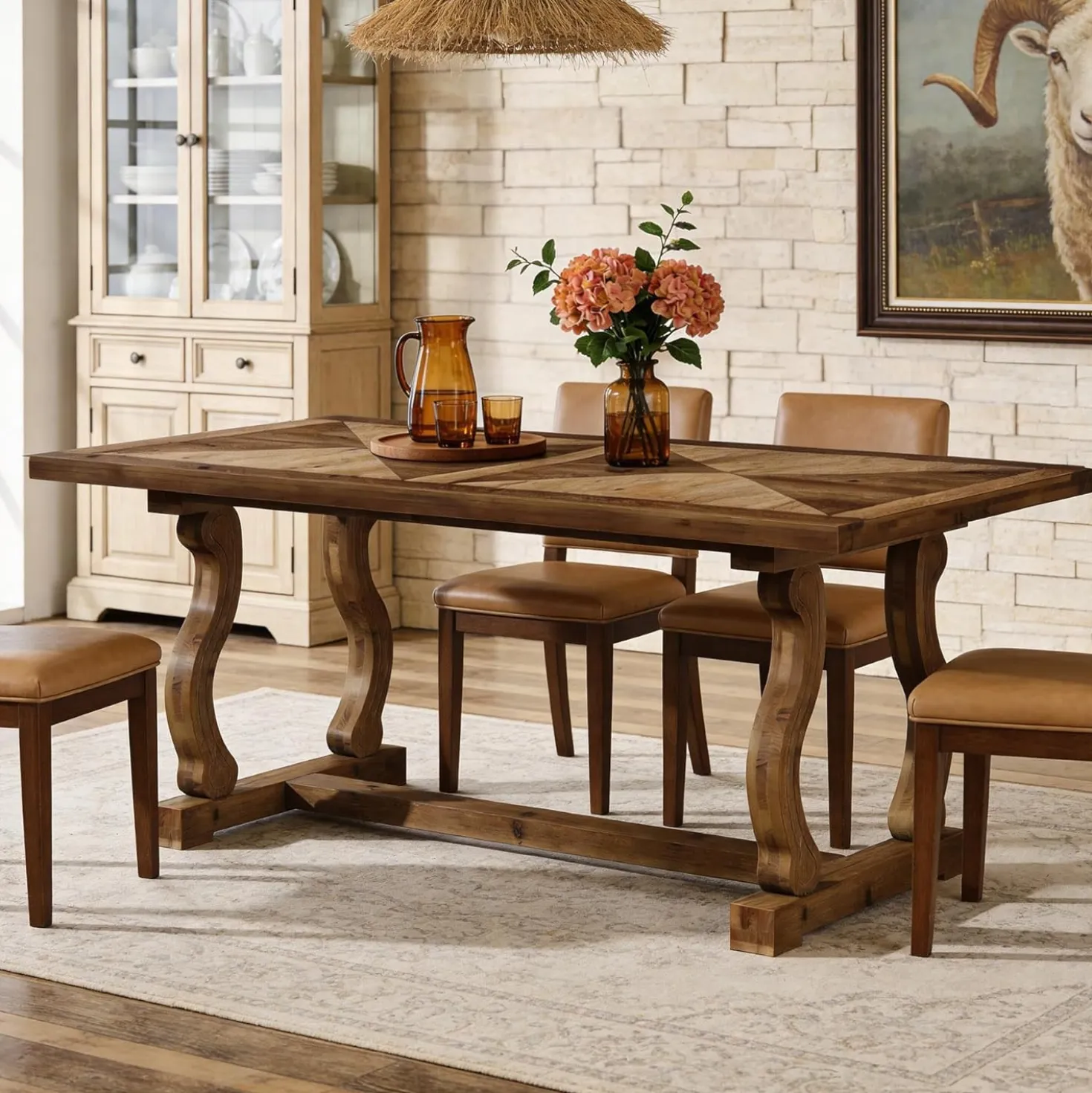 63" Solid Wood Farmhouse Dining Table for 4–6, Rectangular Kitchen Table with Parquetry Top & Scroll Legs