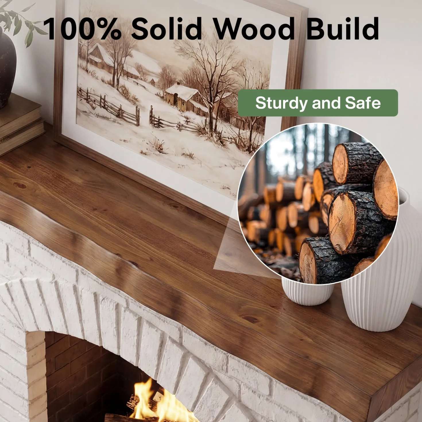63" Solid Wood Floating Mantel Shelf with Live Edge, Rustic Fireplace Mantel & Wall Shelf for Living Room