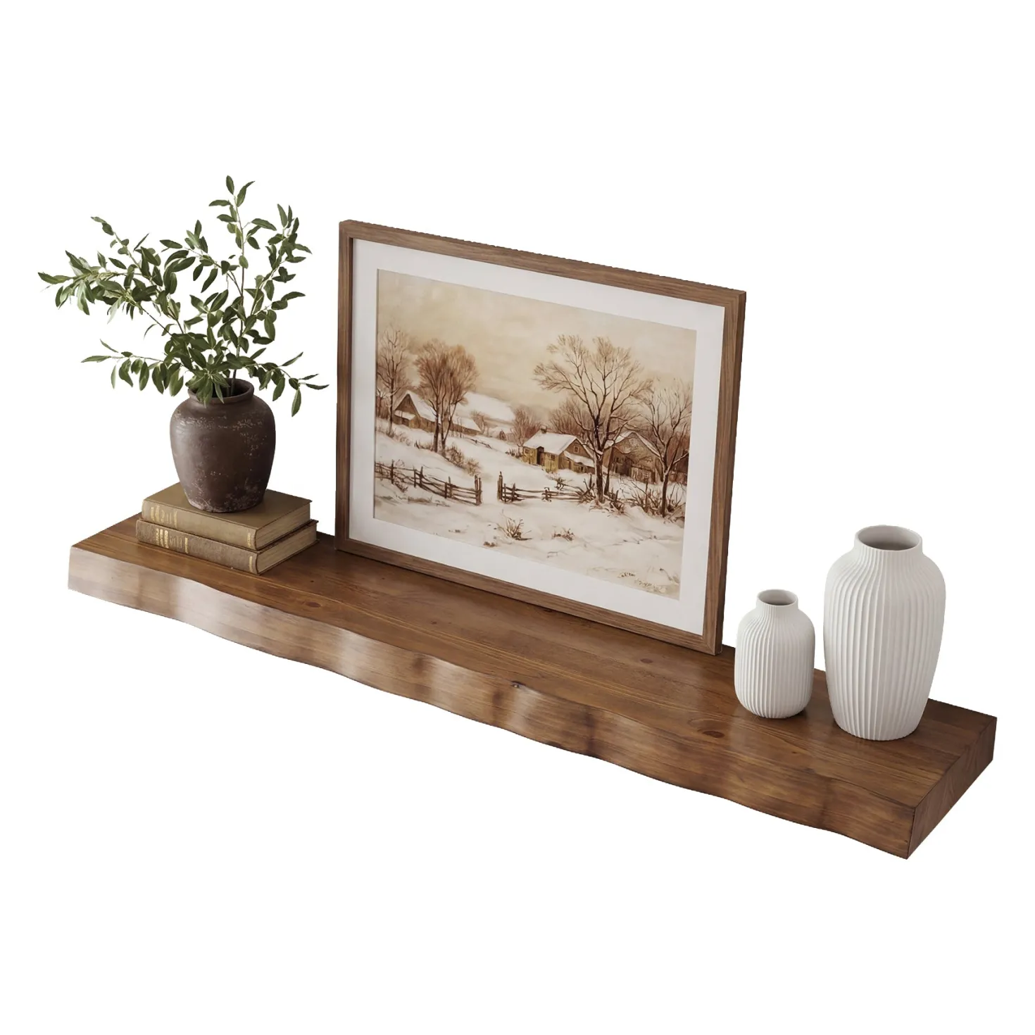 63" Solid Wood Floating Mantel Shelf with Live Edge, Rustic Fireplace Mantel & Wall Shelf for Living Room