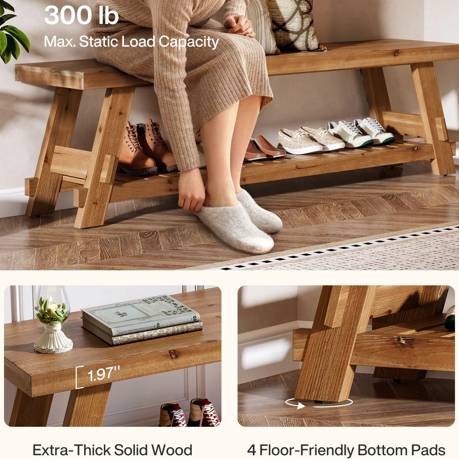 63" Solid Wood Shoe Bench, 2-Tier Entryway Bench with Storage Shelf
