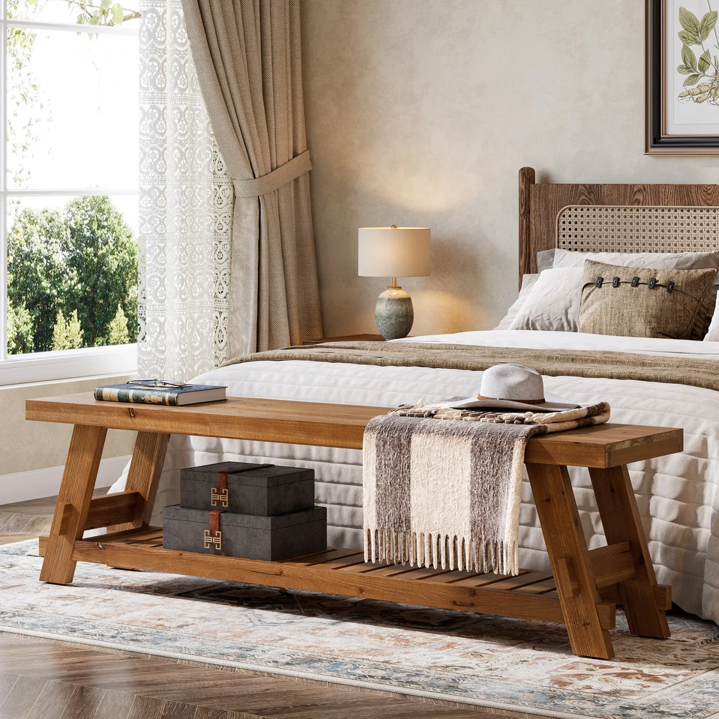 63" Solid Wood Shoe Bench, 2-Tier Entryway Bench with Storage Shelf
