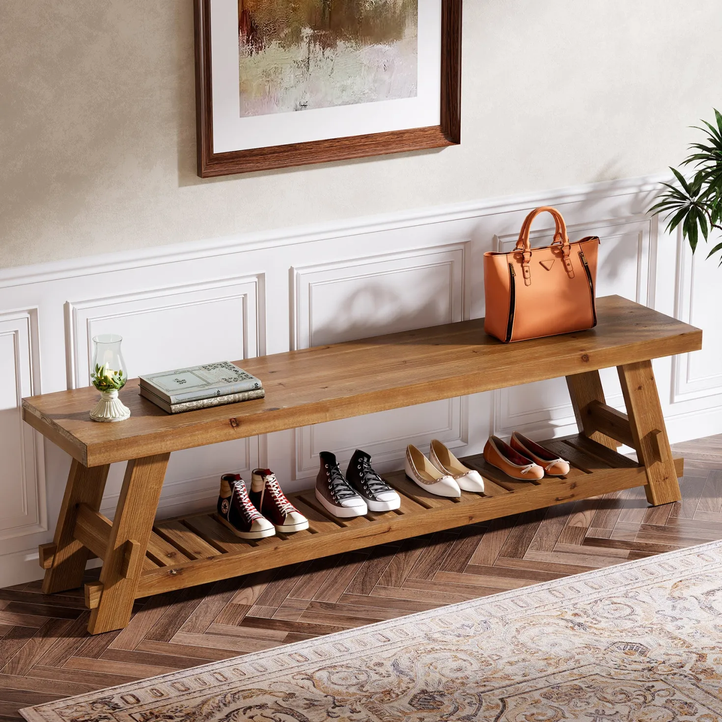 63" Solid Wood Shoe Bench, 2-Tier Entryway Bench with Storage Shelf