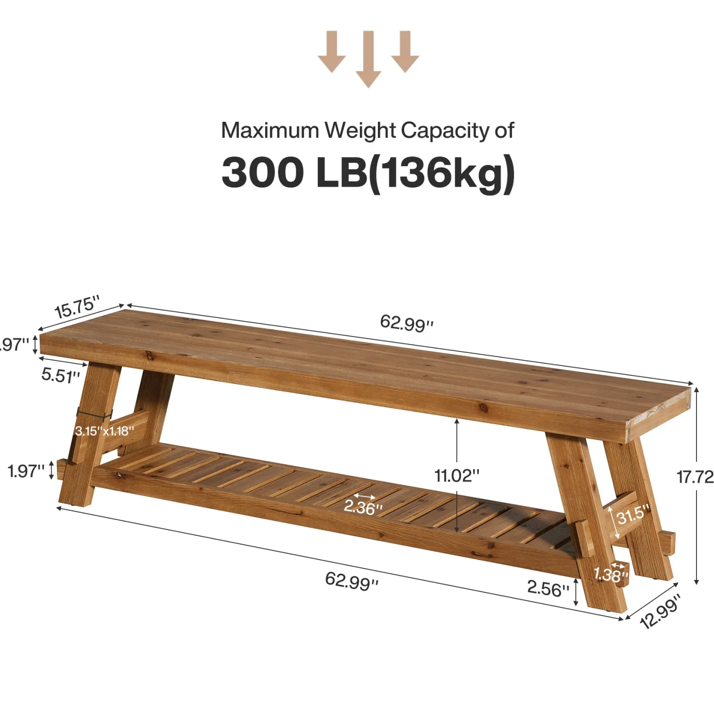 63" Solid Wood Shoe Bench, 2-Tier Entryway Bench with Storage Shelf