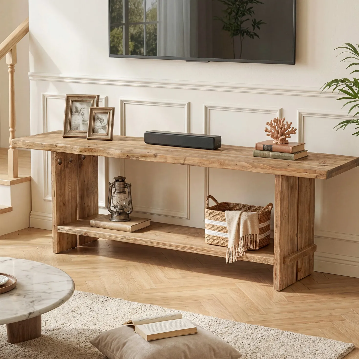 71" Solid Wood TV Stand for 55–85 Inch TVs, Farmhouse Media Console with Storage Shelf, Wooden Entertainment Center