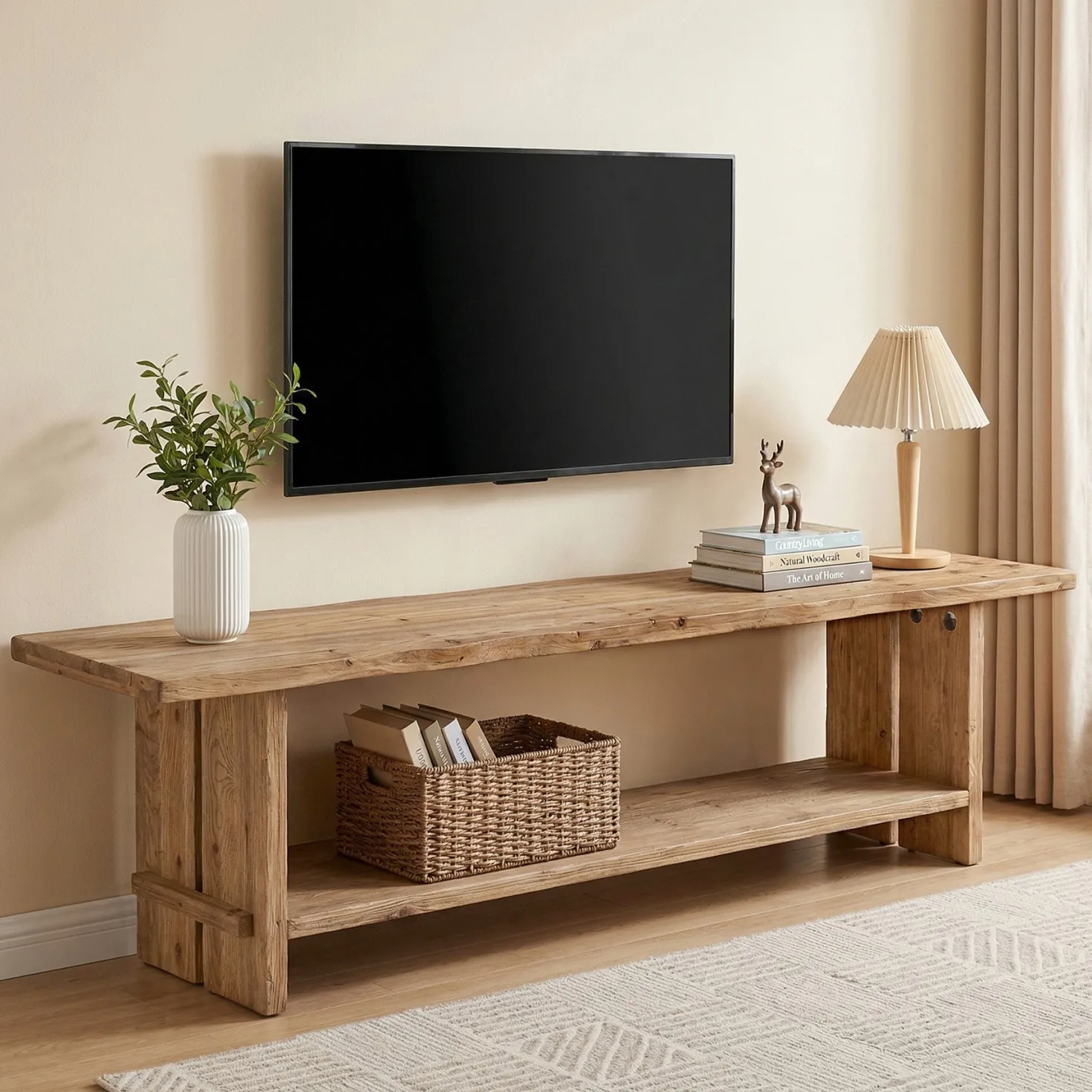 71" Solid Wood TV Stand for 55–85 Inch TVs, Farmhouse Media Console with Storage Shelf, Wooden Entertainment Center