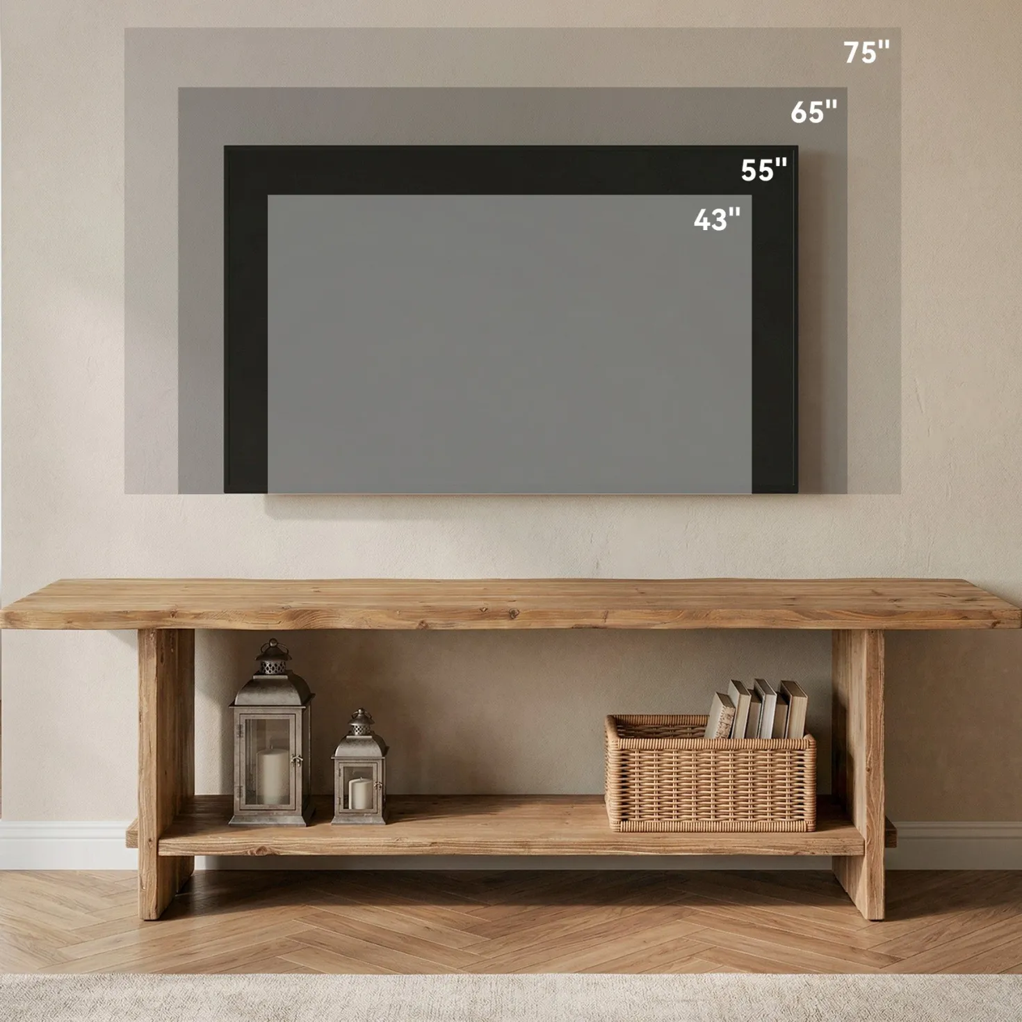 71" Solid Wood TV Stand for 55–85 Inch TVs, Farmhouse Media Console with Storage Shelf, Wooden Entertainment Center