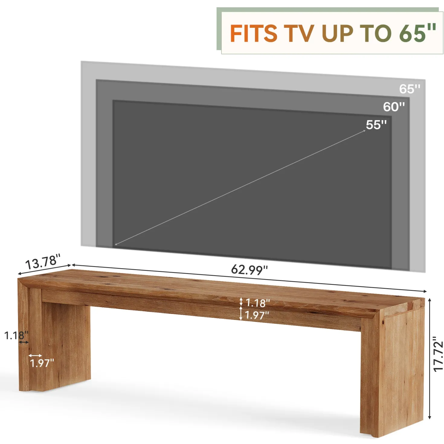63" Solid Wood TV Stand for 65" TV, Farmhouse Entertainment Center Low Media Console
