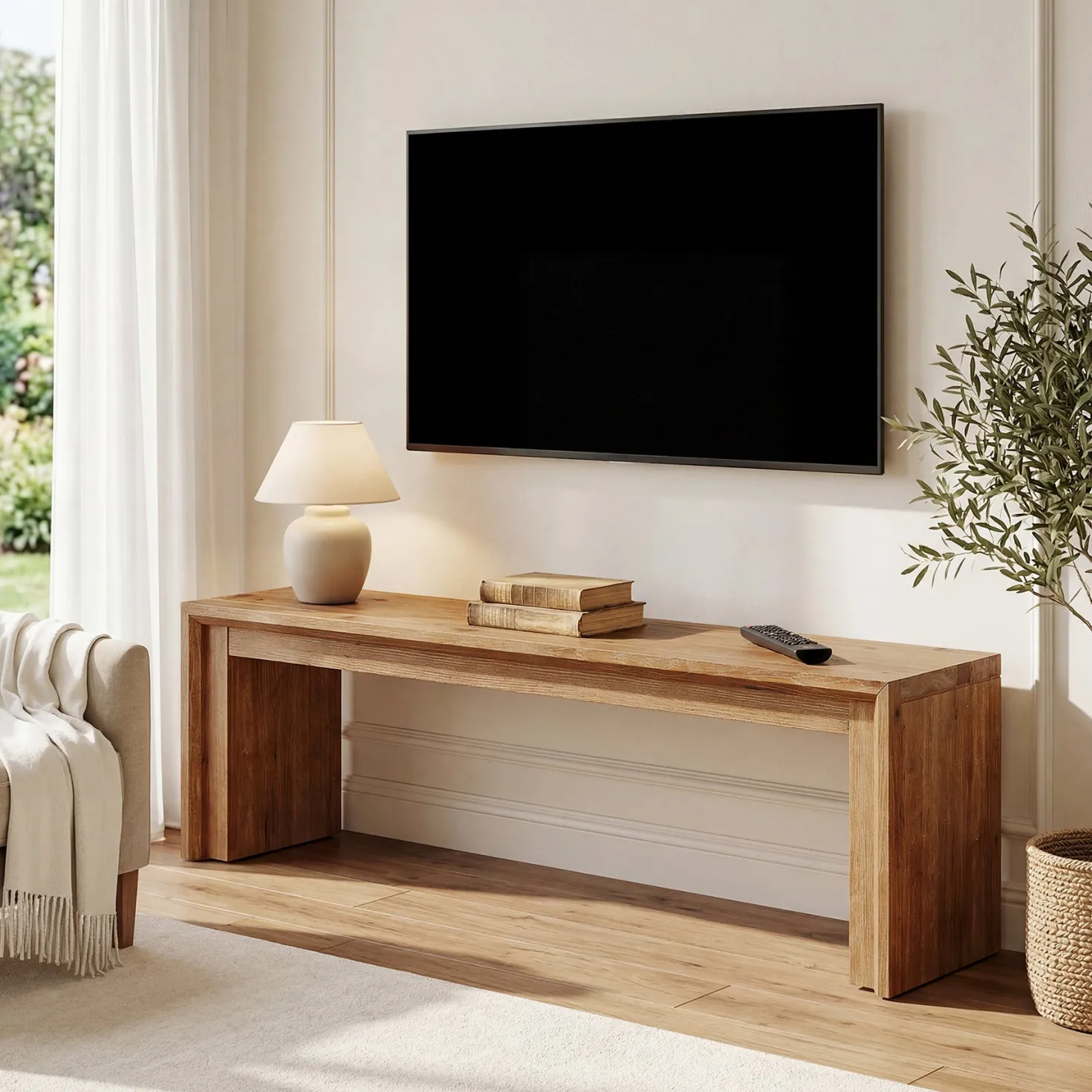 63" Solid Wood TV Stand for 65" TV, Farmhouse Entertainment Center Low Media Console