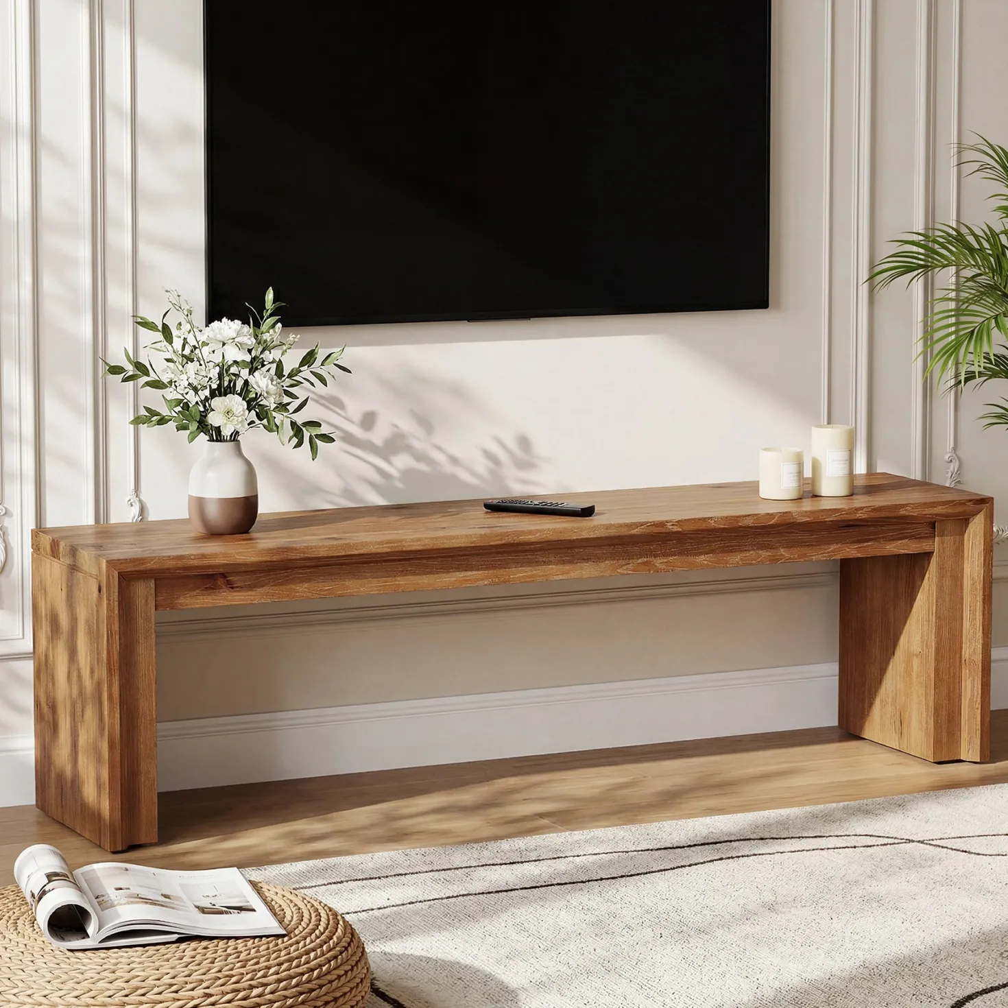 63" Solid Wood TV Stand for 65" TV, Farmhouse Entertainment Center Low Media Console