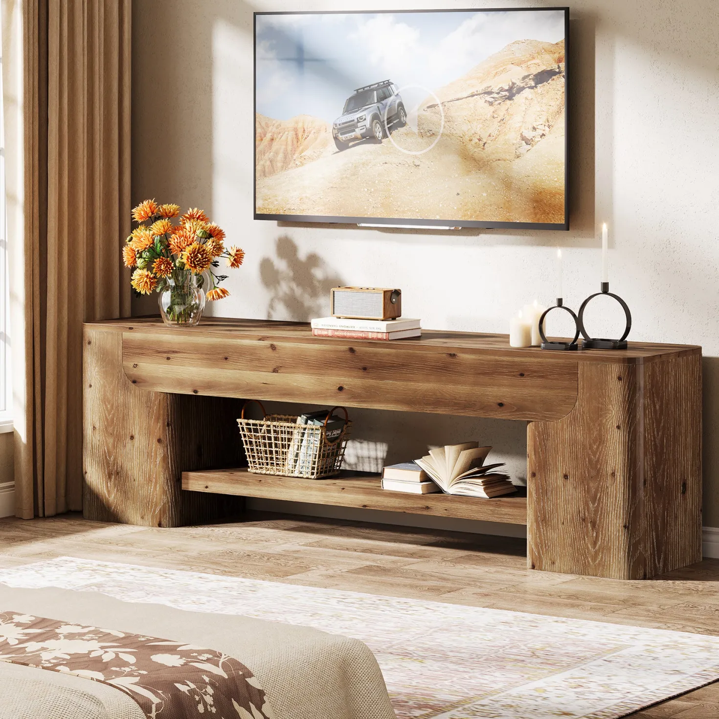 63" Solid Wood TV Stand for Up to 75" TVs, Farmhouse Entertainment Center with Open Shelf Storage for Living Room or Bedroom