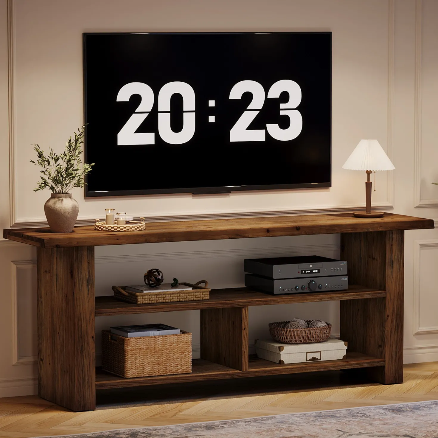 63" Solid Wood TV Stand for Up to 75 Inch TVs, Farmhouse Media Console with Open Storage Shelves