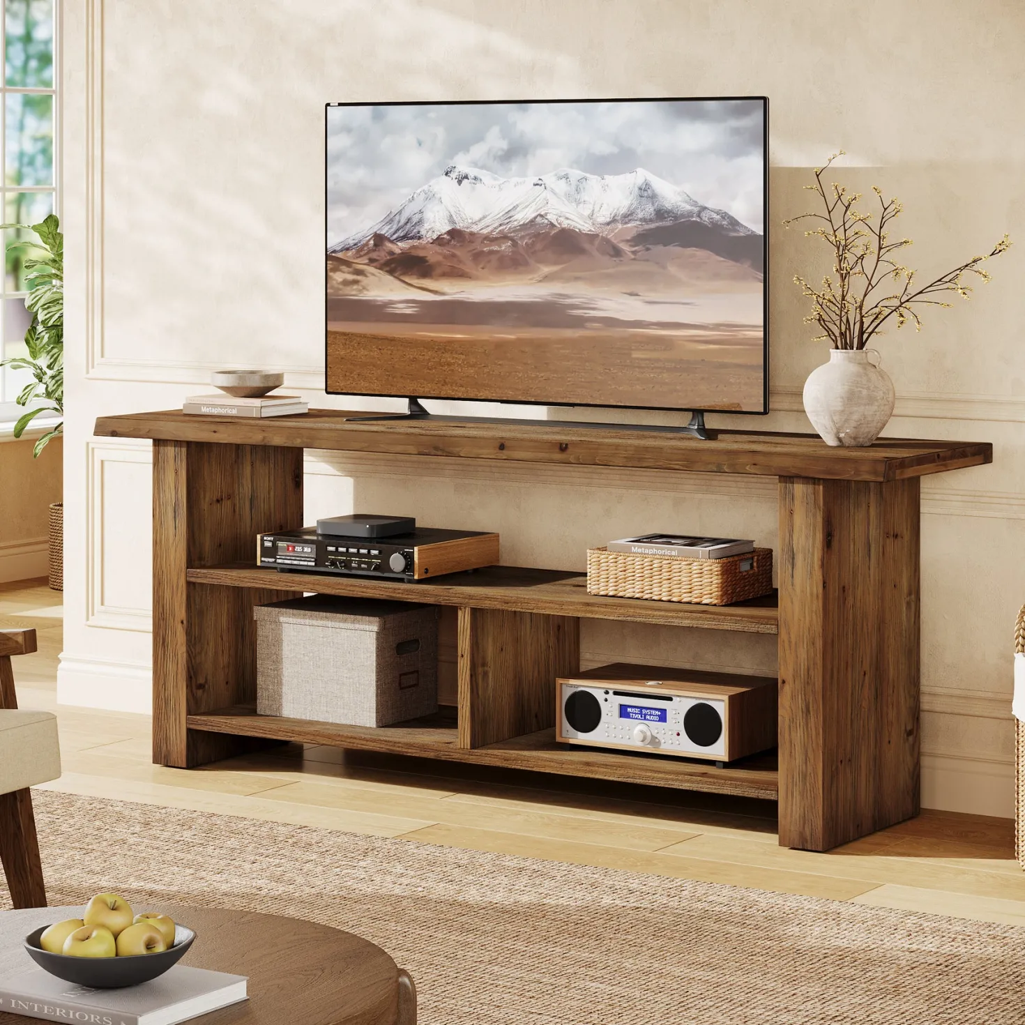 63" Solid Wood TV Stand for Up to 75 Inch TVs, Farmhouse Media Console with Open Storage Shelves