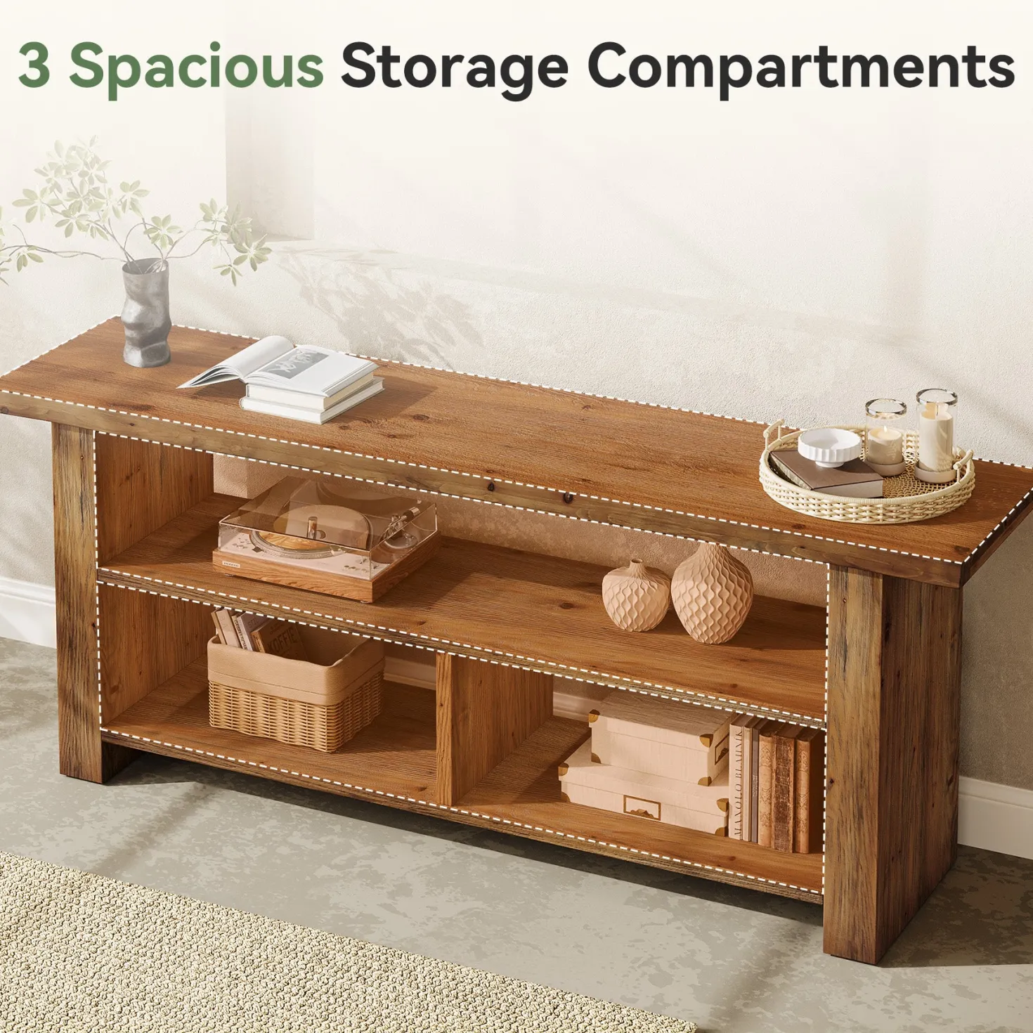 63" Solid Wood TV Stand for Up to 75 Inch TVs, Farmhouse Media Console with Open Storage Shelves