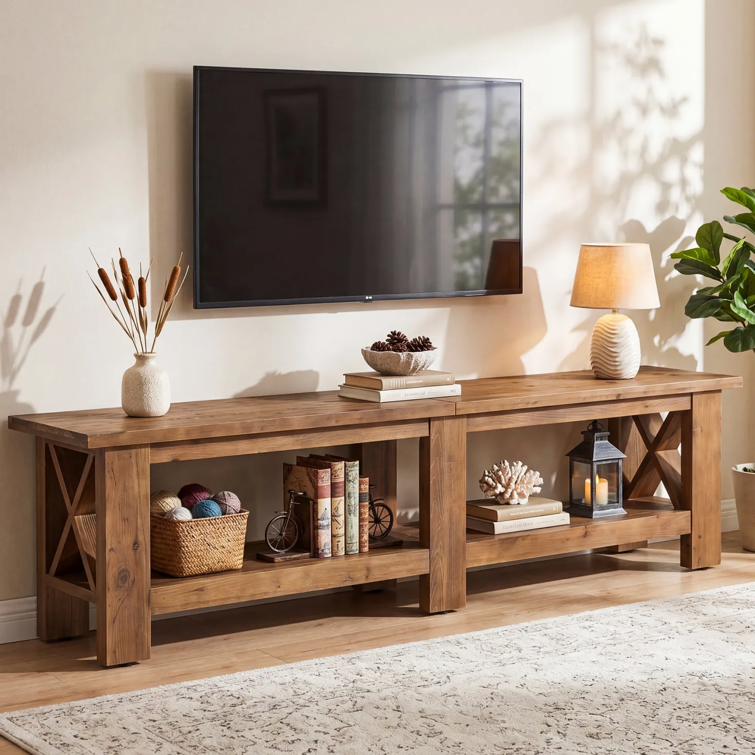 70.87" Solid Wood TV Stand for TVs up to 80", Farmhouse Entertainment Center with Storage Shelves