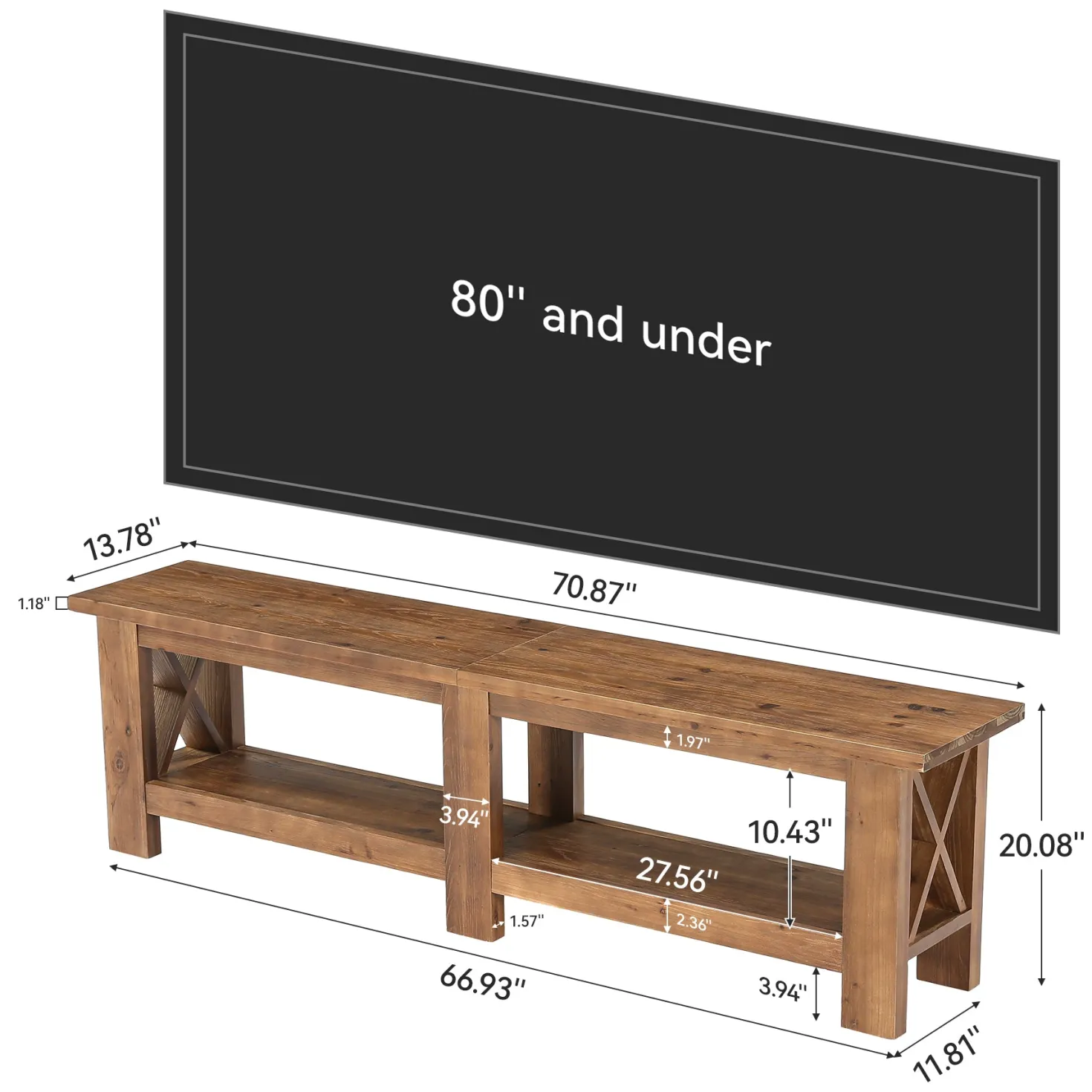 70.87" Solid Wood TV Stand for TVs up to 80", Farmhouse Entertainment Center with Storage Shelves